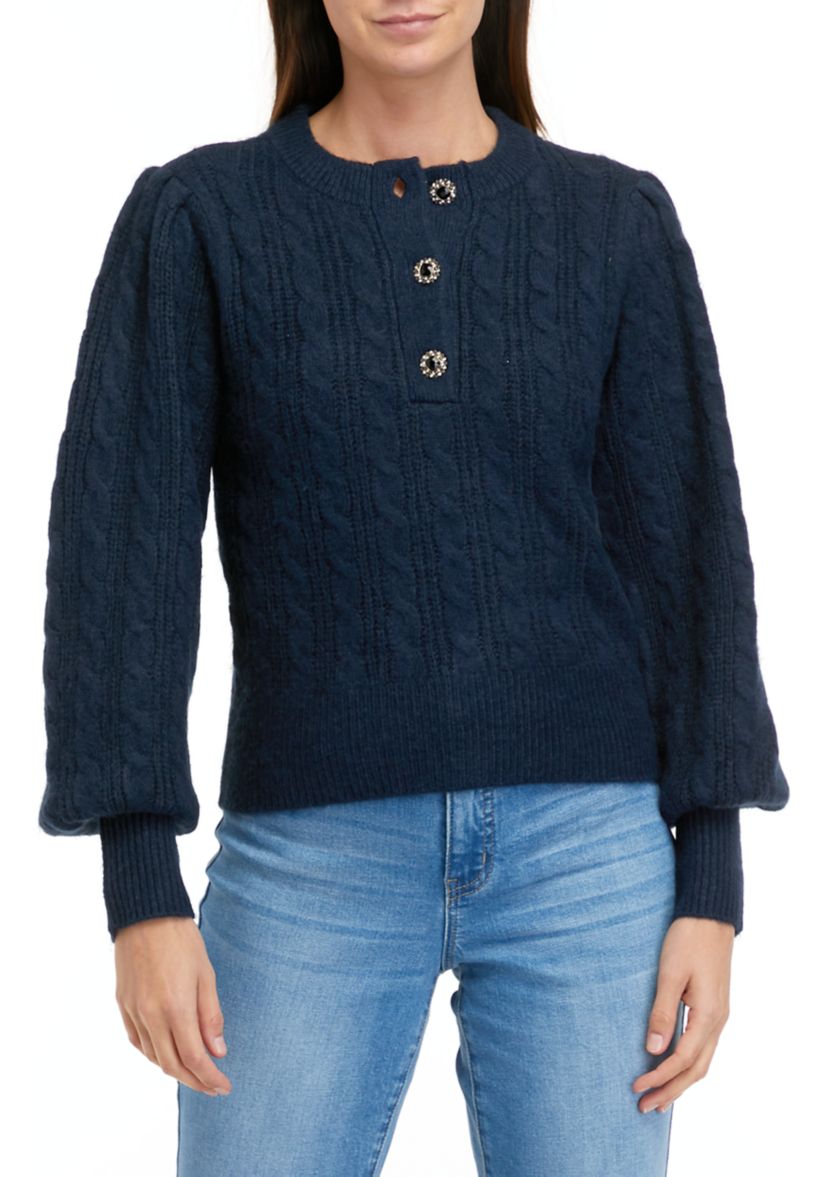 Womens Jeweled Button Henley Sweater