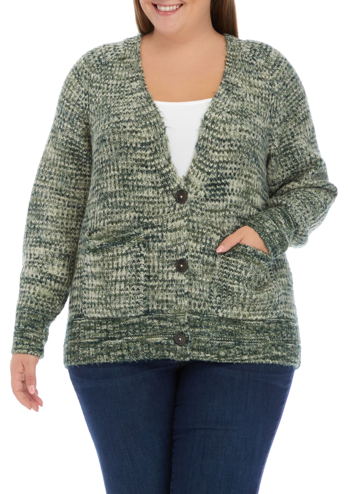 Plus Size Long Sleeve Space Dye V-Neck Cardigan