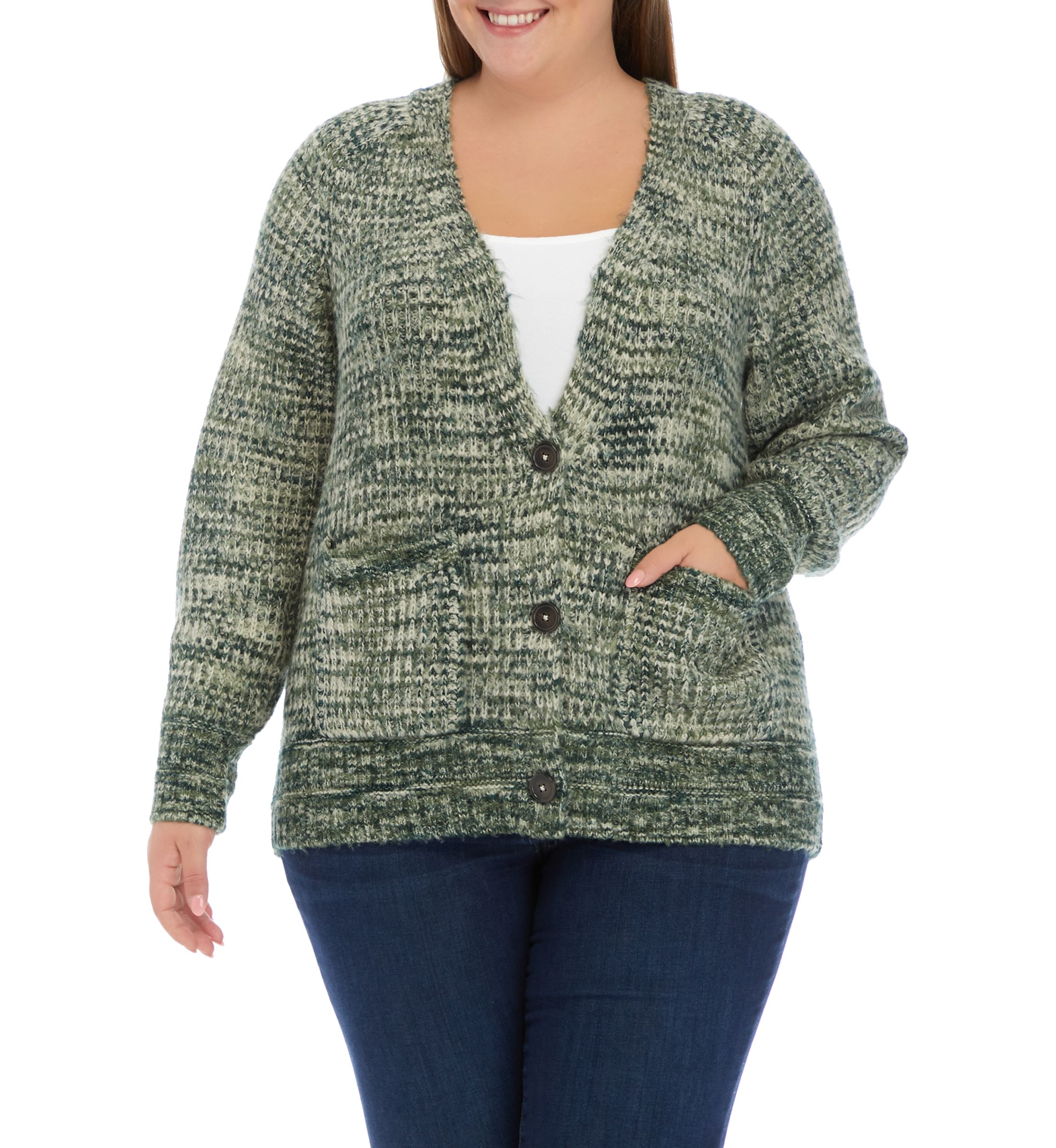 Plus Size Long Sleeve Space Dye V-Neck Cardigan