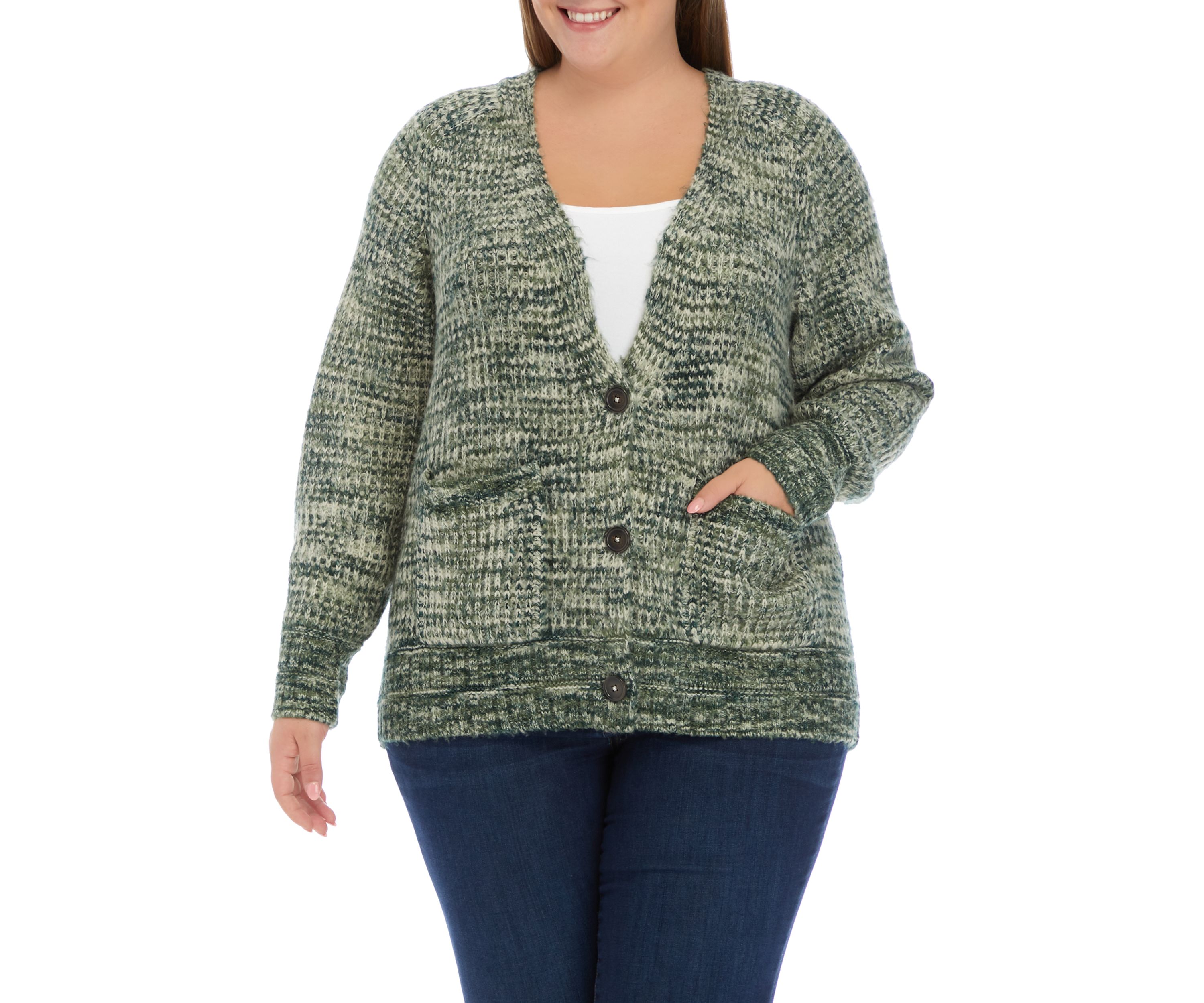 Plus Size Long Sleeve Space Dye V-Neck Cardigan