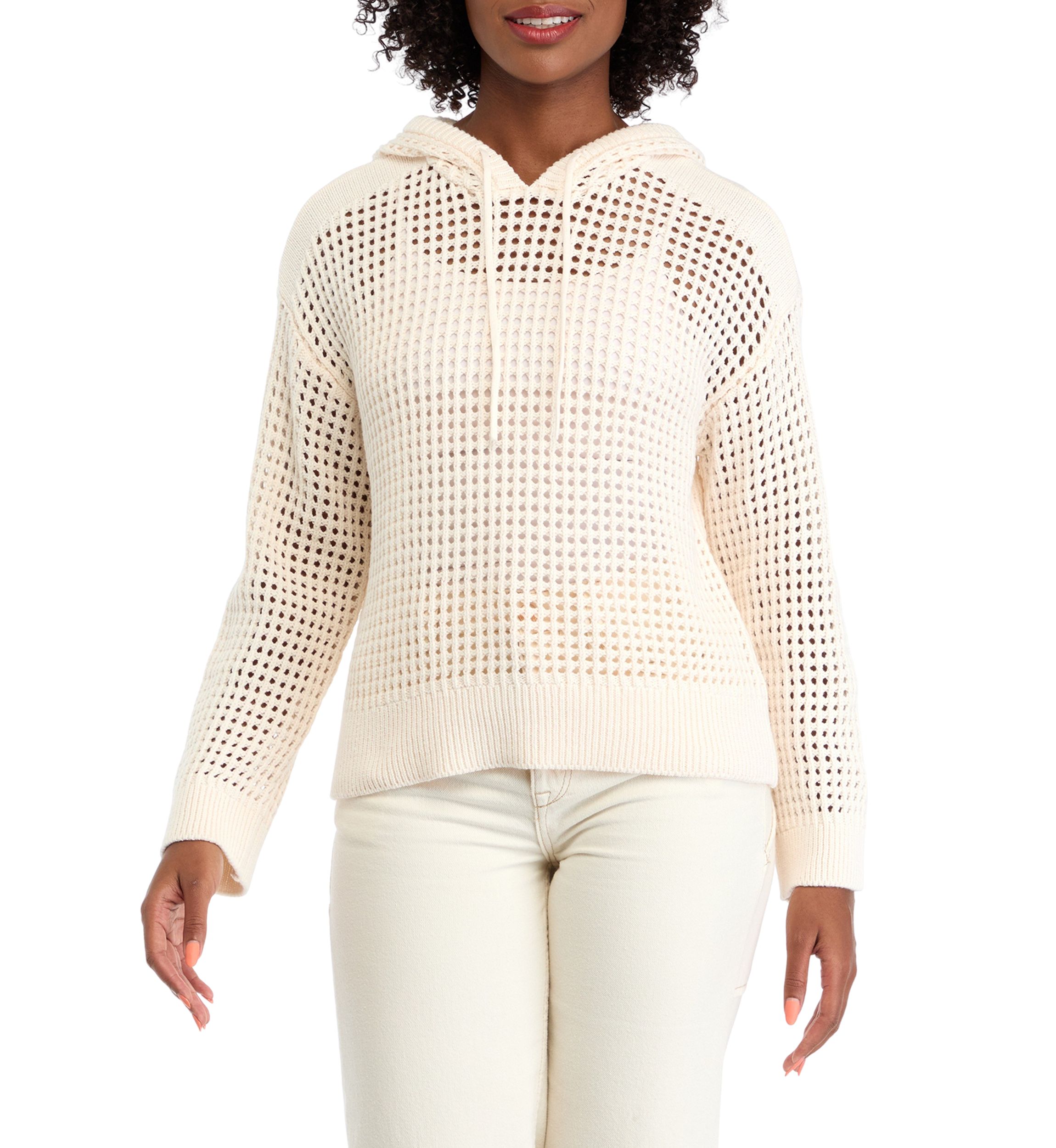 Petite Crochet Hooded Sweater 