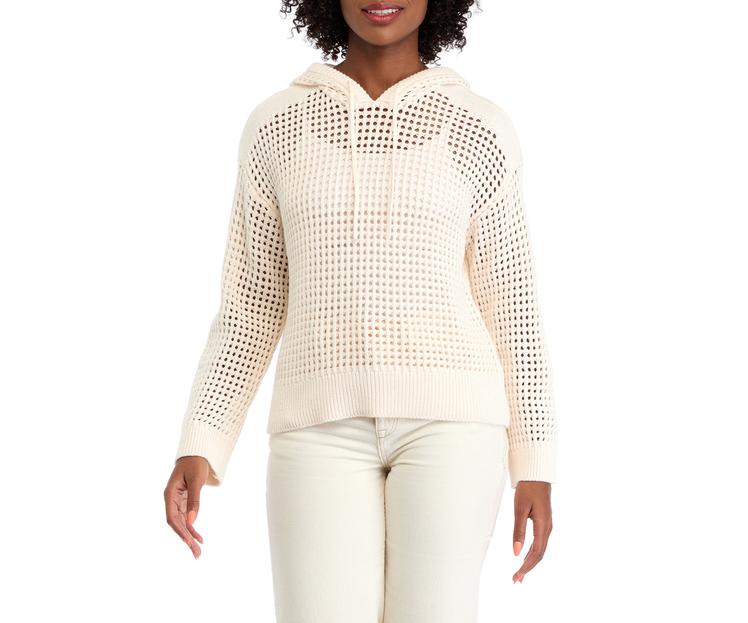 Petite Crochet Hooded Sweater 