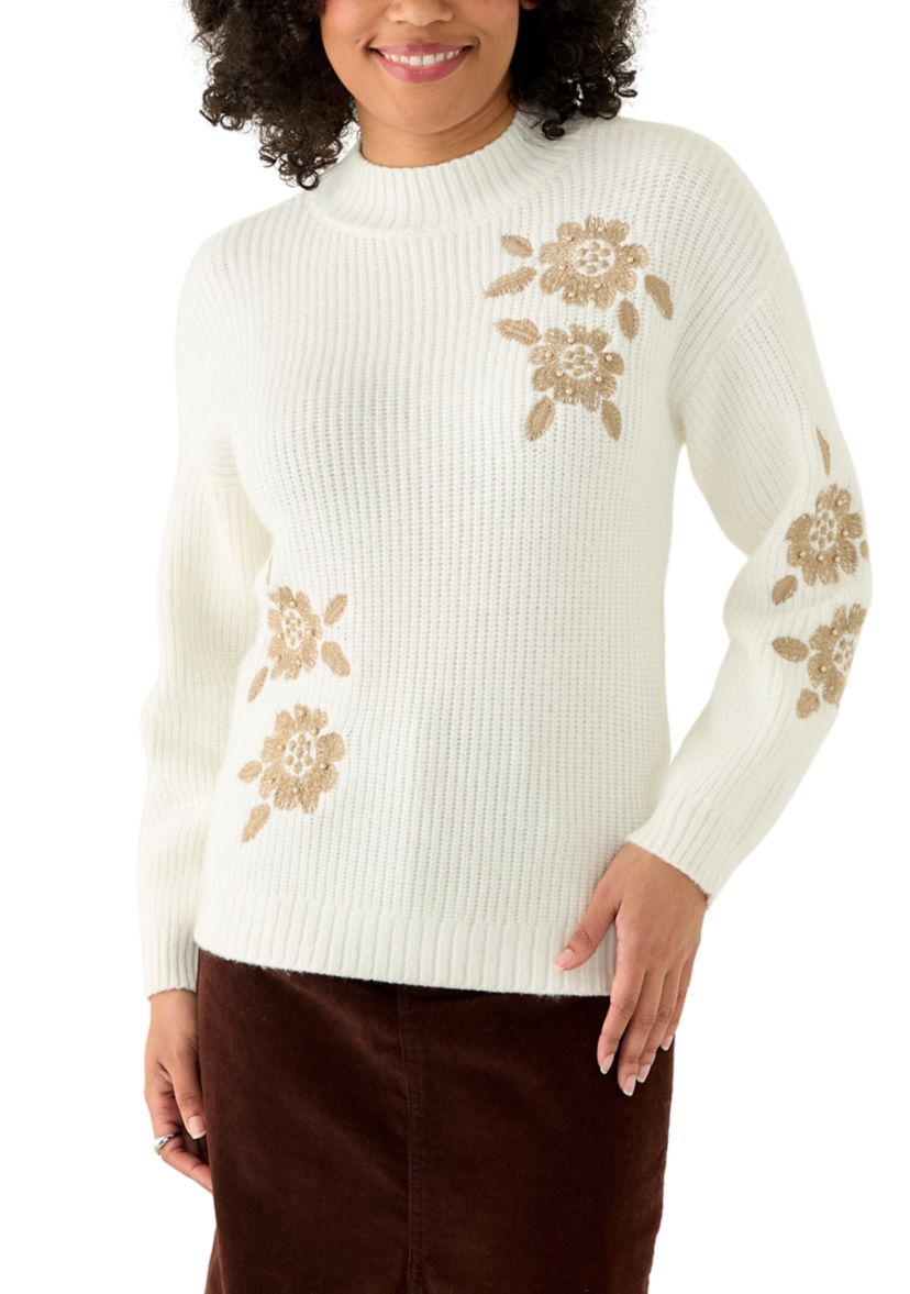 Womens Mock Neck Embroidered Sweater 