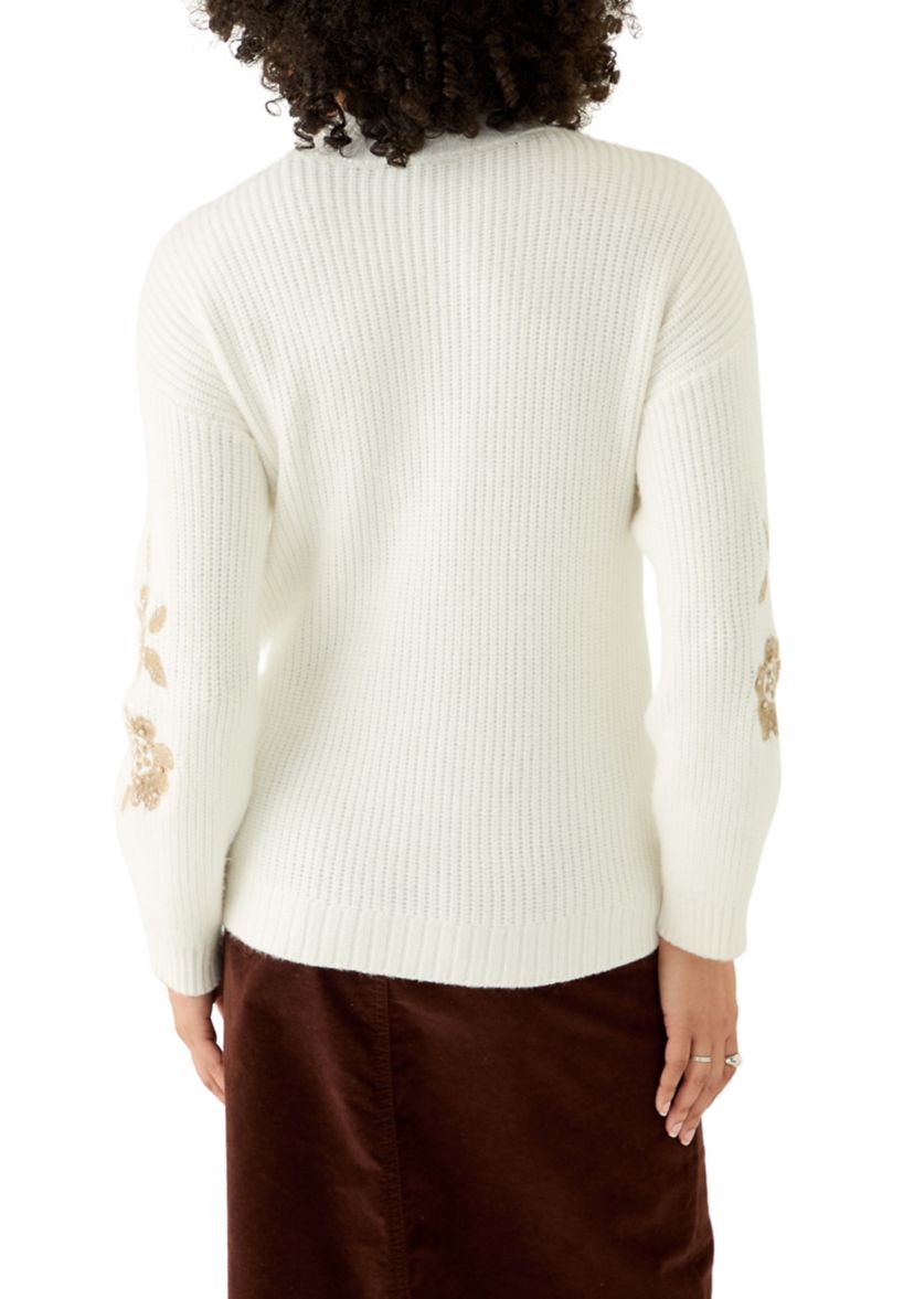 Womens Mock Neck Embroidered Sweater 