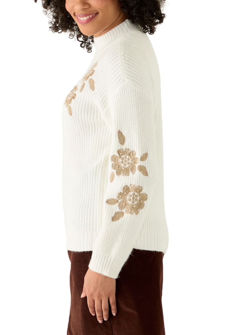 Womens Mock Neck Embroidered Sweater 