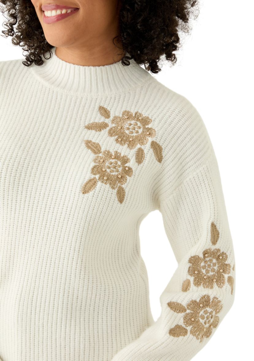 Womens Mock Neck Embroidered Sweater 