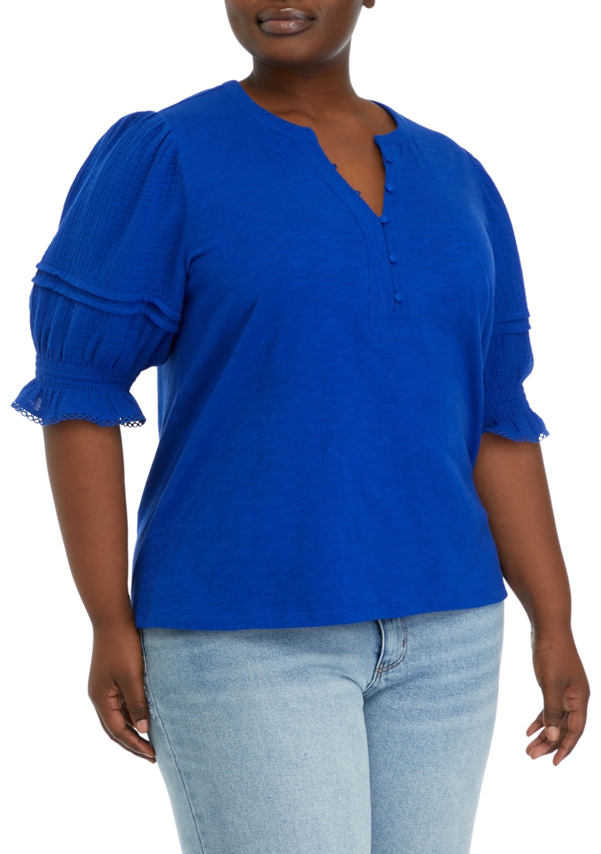 Plus Size Gauze Sleeve Mix Fabric Top