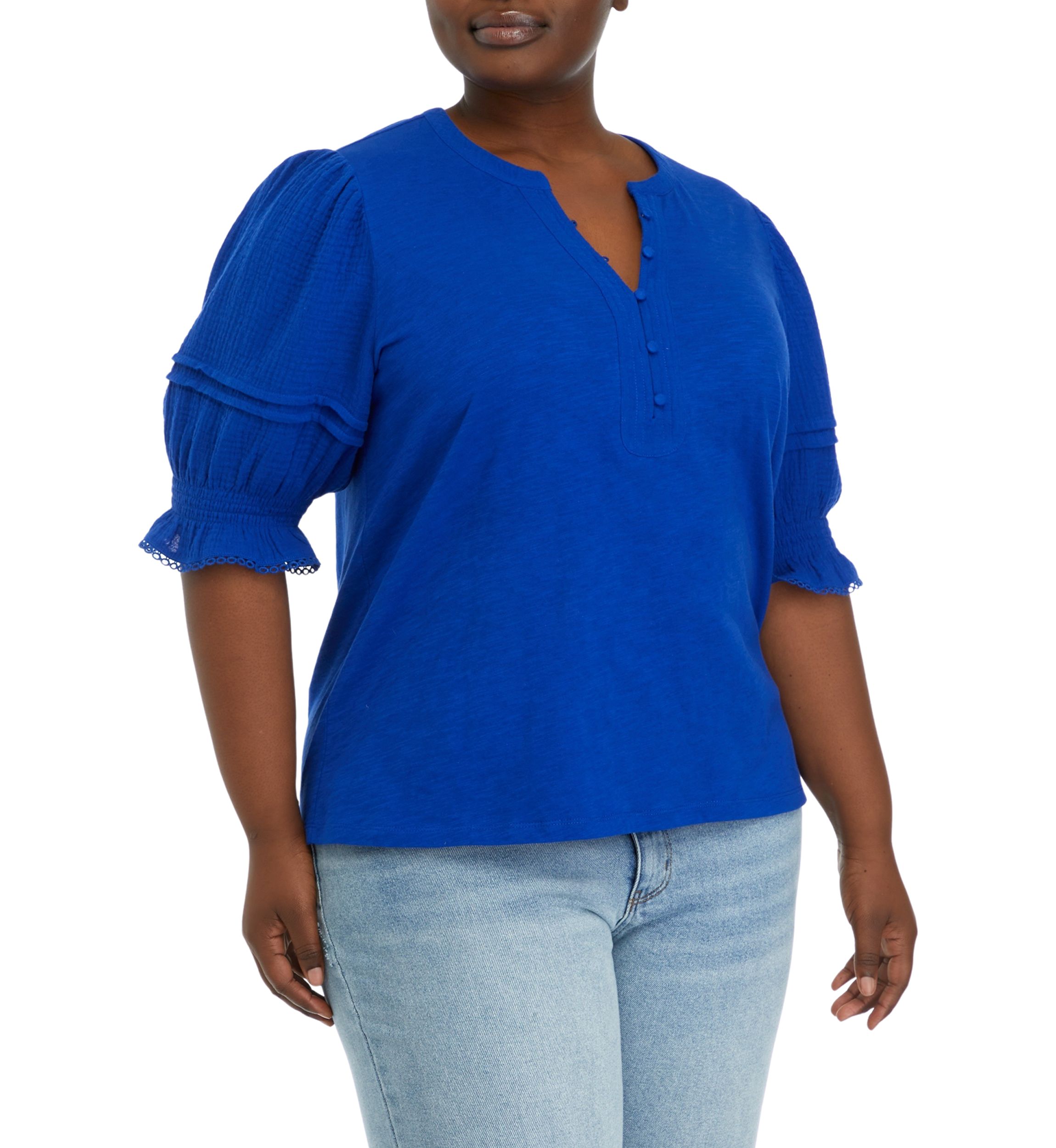 Plus Size Gauze Sleeve Mix Fabric Top