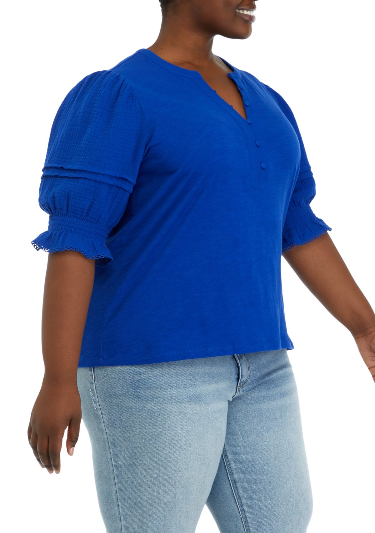 Plus Size Gauze Sleeve Mix Fabric Top