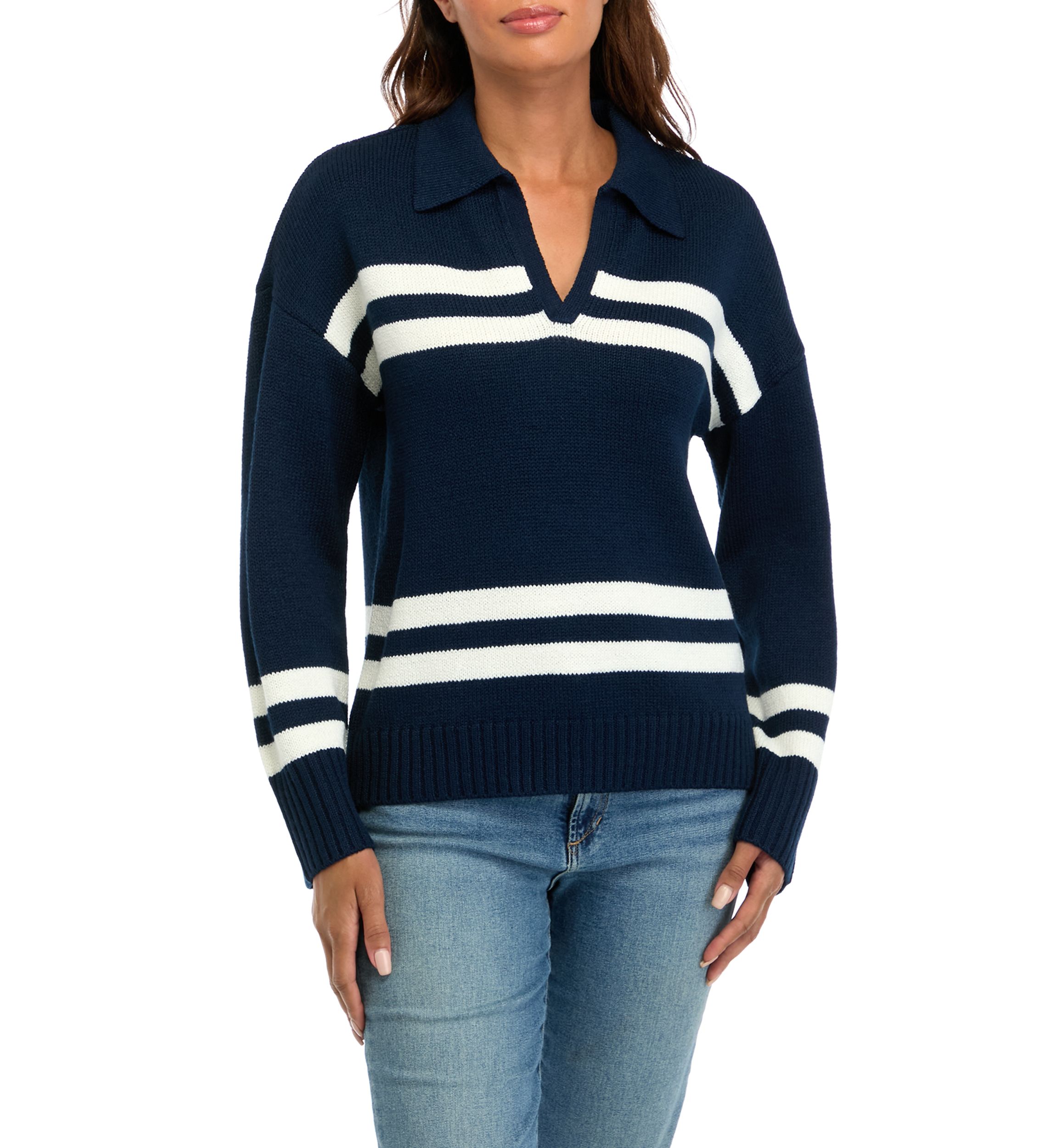 Womens Striped Johnny Collar Pullover
