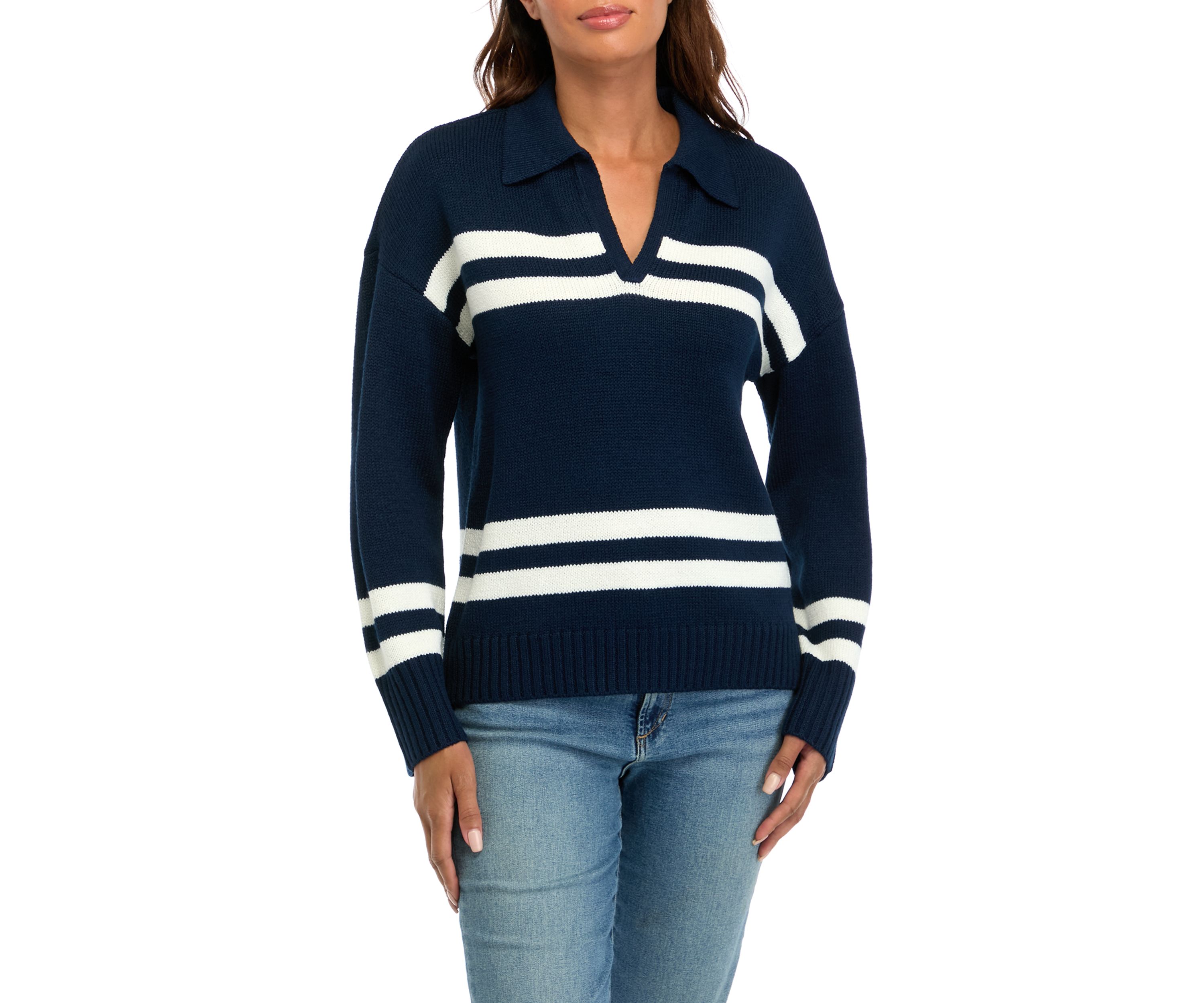Womens Striped Johnny Collar Pullover