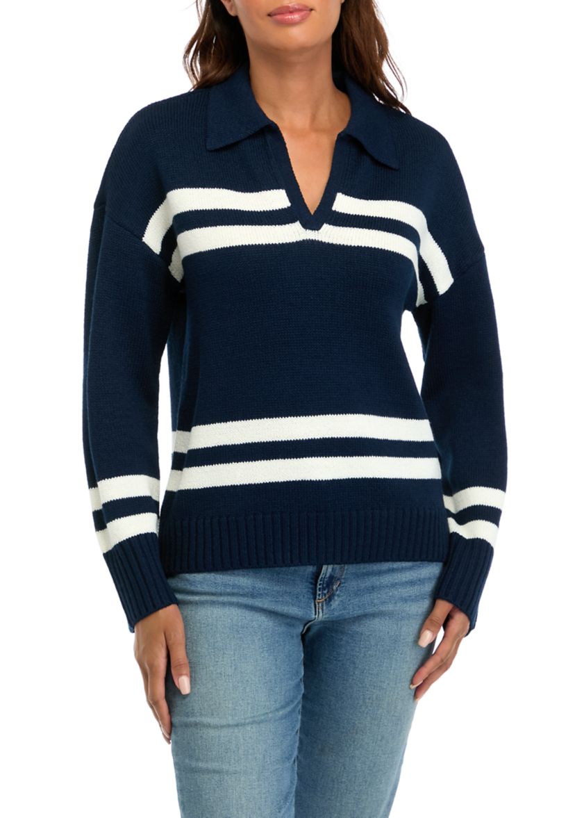 Womens Striped Johnny Collar Pullover
