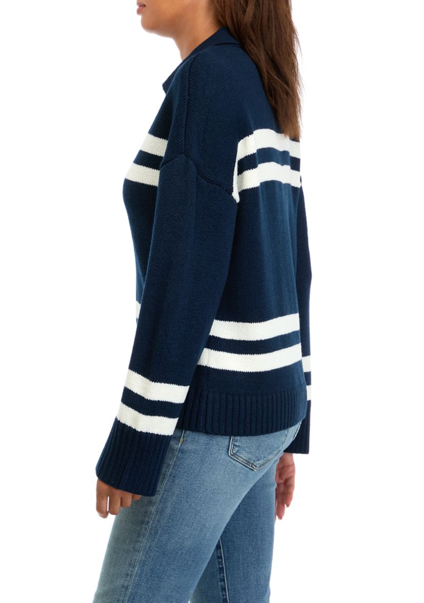 Womens Striped Johnny Collar Pullover