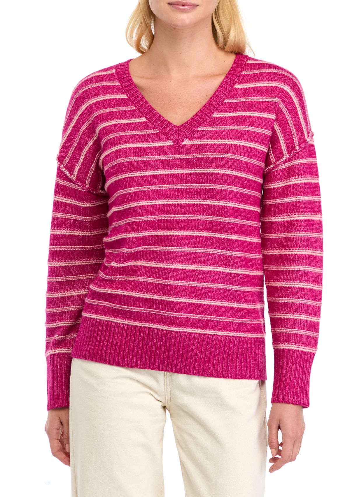 Womens Drop Shoulder Striped V-Neck Sweater 