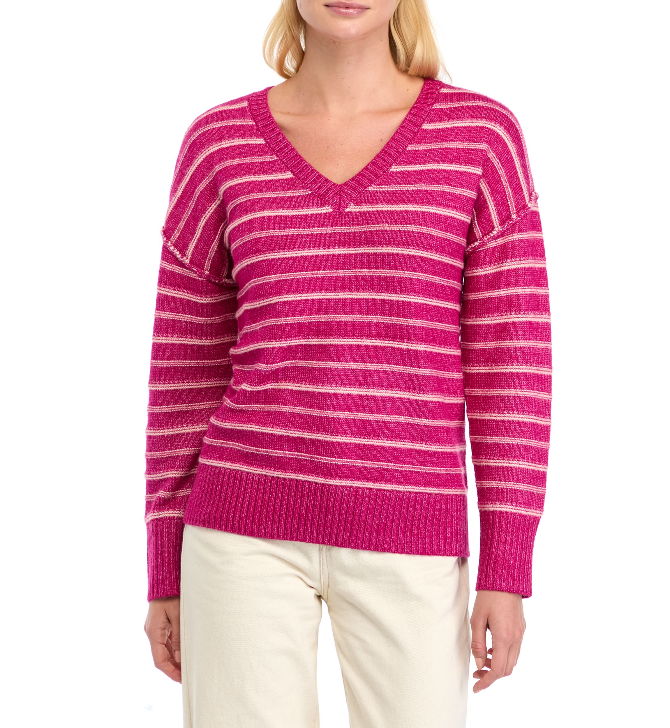 Womens Drop Shoulder Striped V-Neck Sweater 