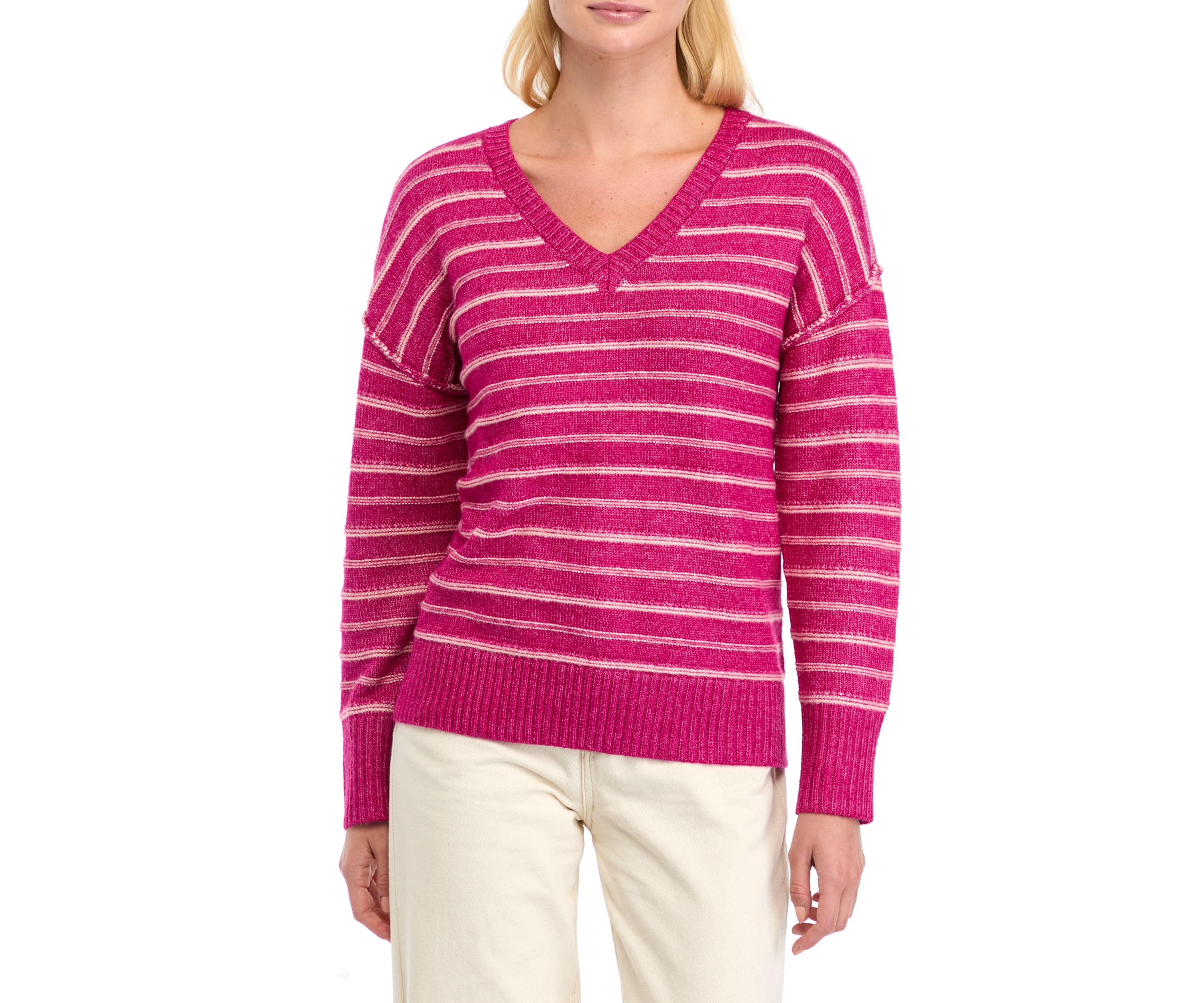 Womens Drop Shoulder Striped V-Neck Sweater 