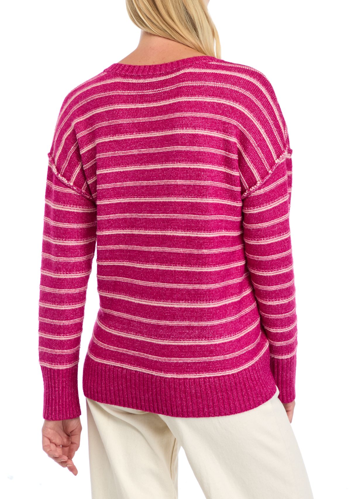 Womens Drop Shoulder Striped V-Neck Sweater 