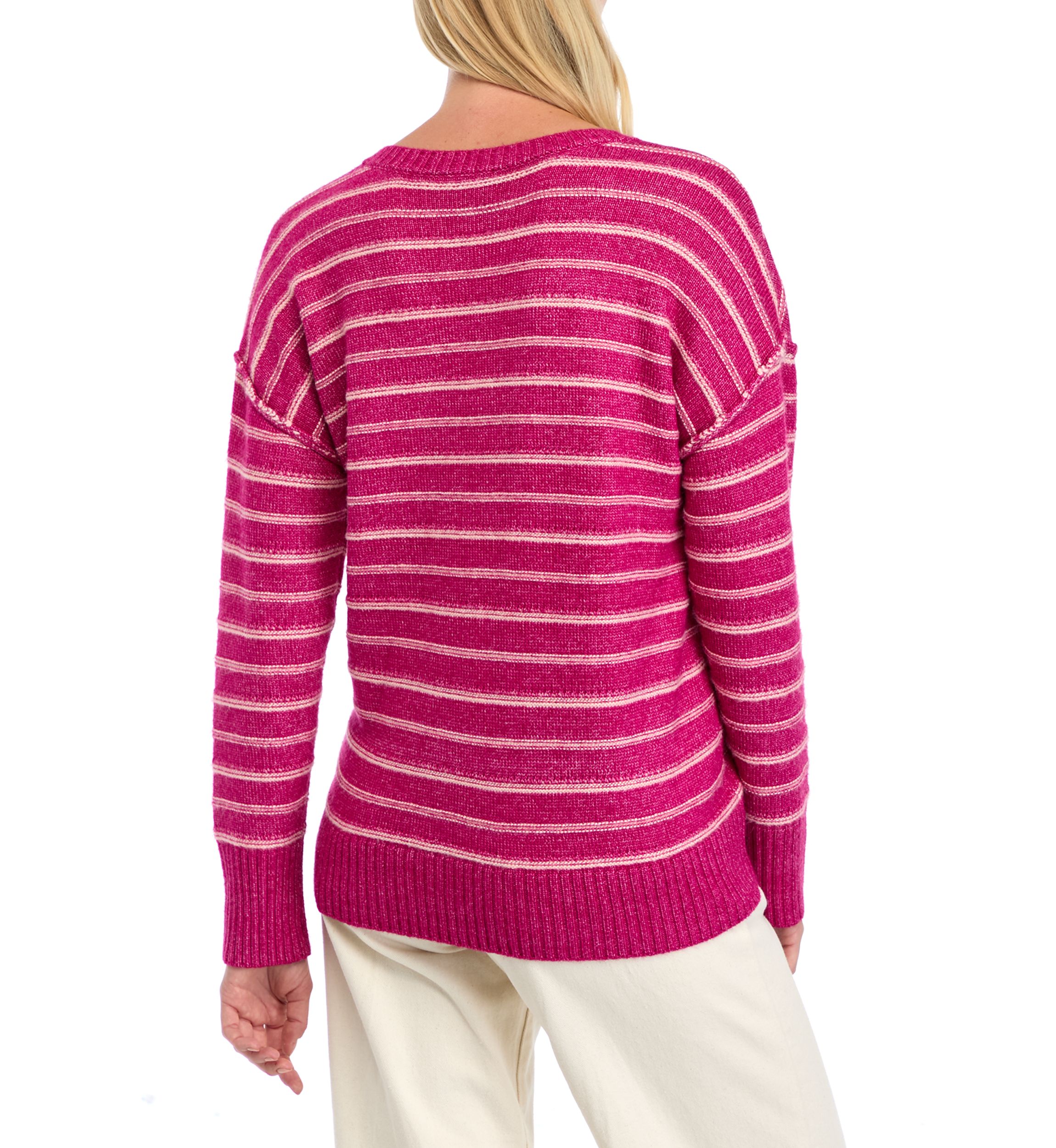 Womens Drop Shoulder Striped V-Neck Sweater 