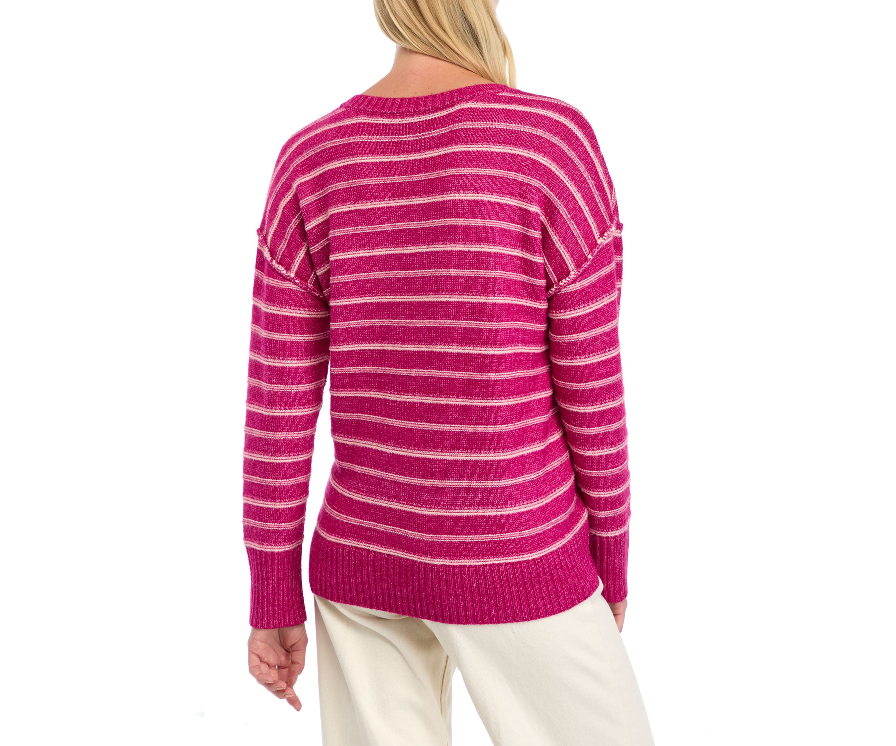 Womens Drop Shoulder Striped V-Neck Sweater 