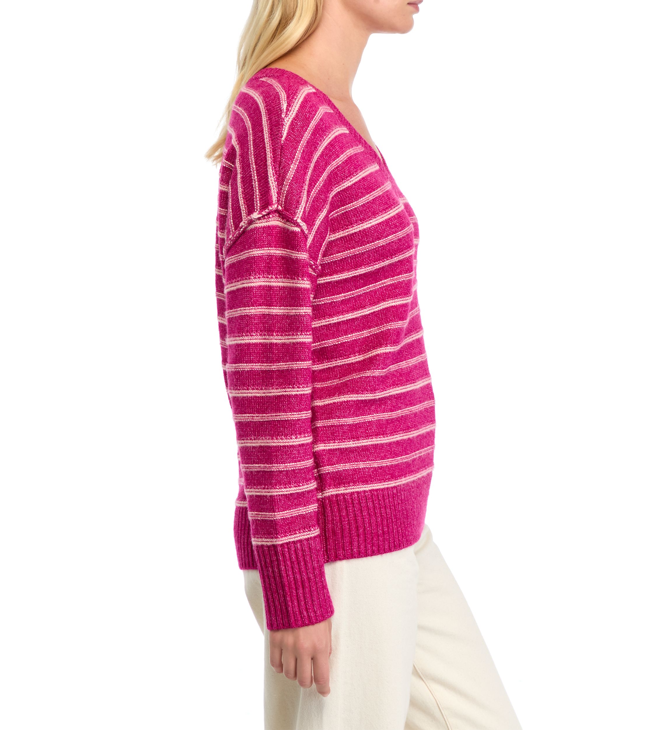 Womens Drop Shoulder Striped V-Neck Sweater 