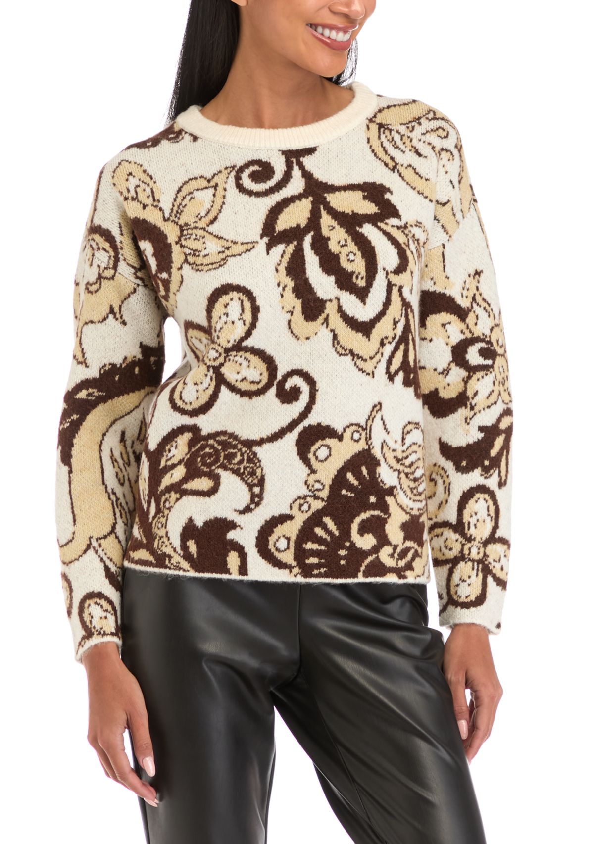 Petite Crew Neck Printed Pullover 