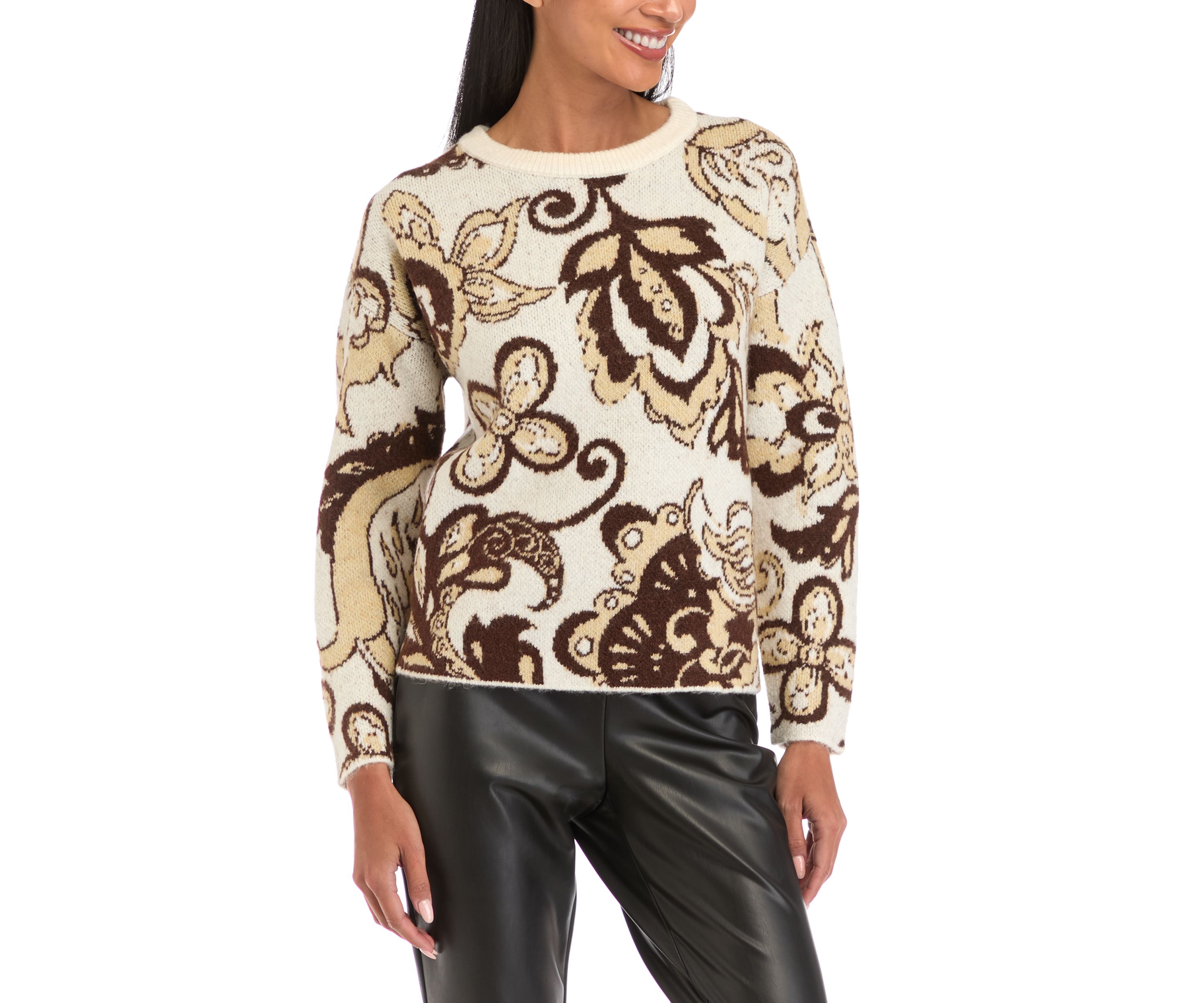 Petite Crew Neck Printed Pullover 