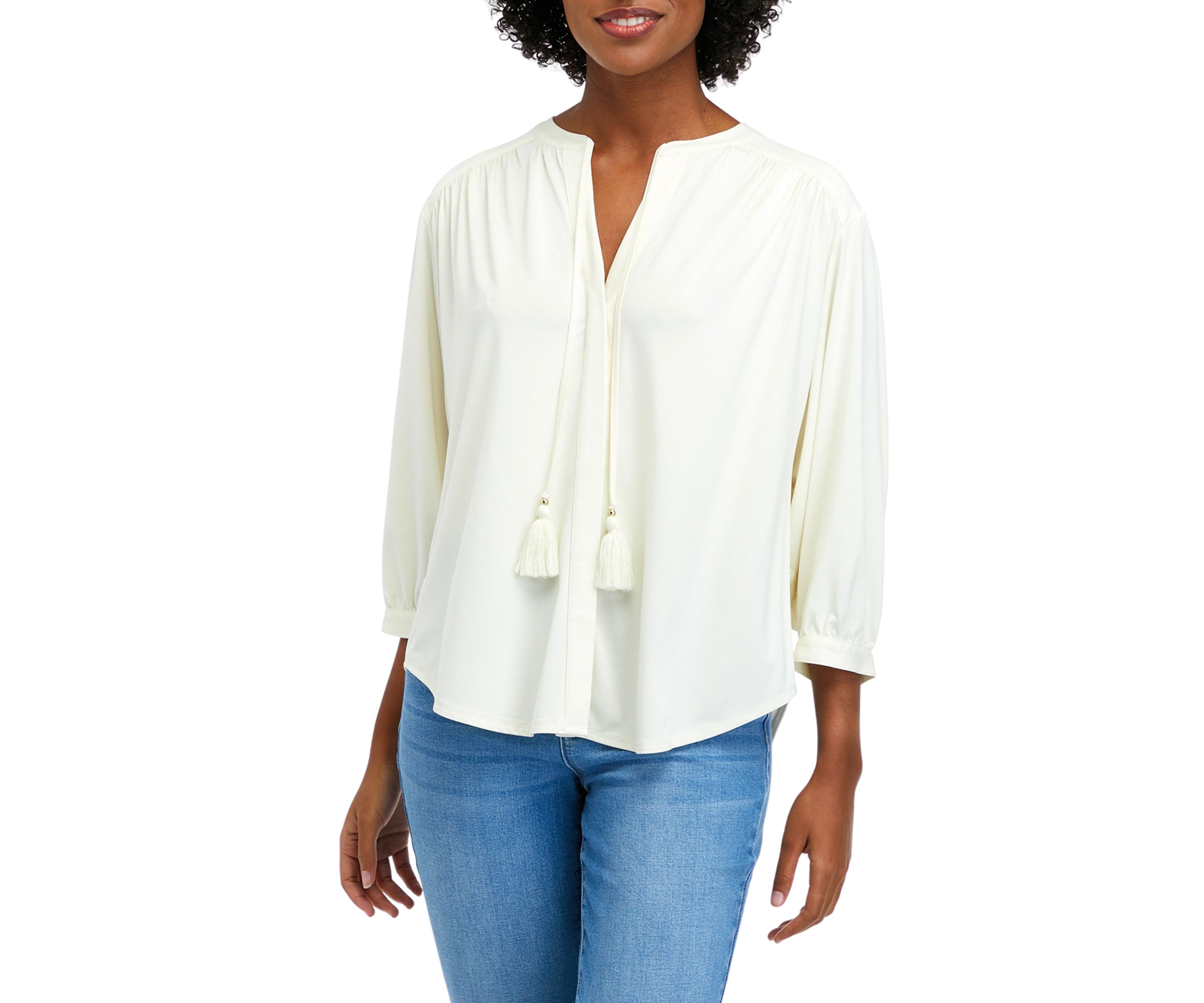 Womens 3/4 Sleeve Tie Knit Peasant Blouse