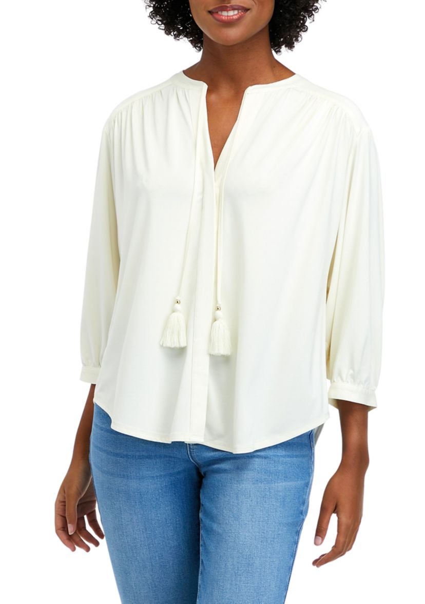 Womens 3/4 Sleeve Tie Knit Peasant Blouse