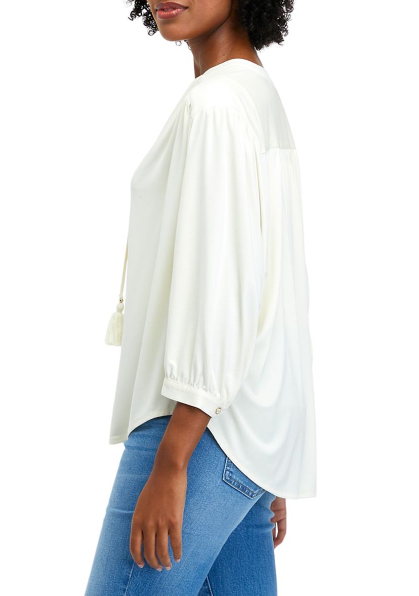 Womens 3/4 Sleeve Tie Knit Peasant Blouse