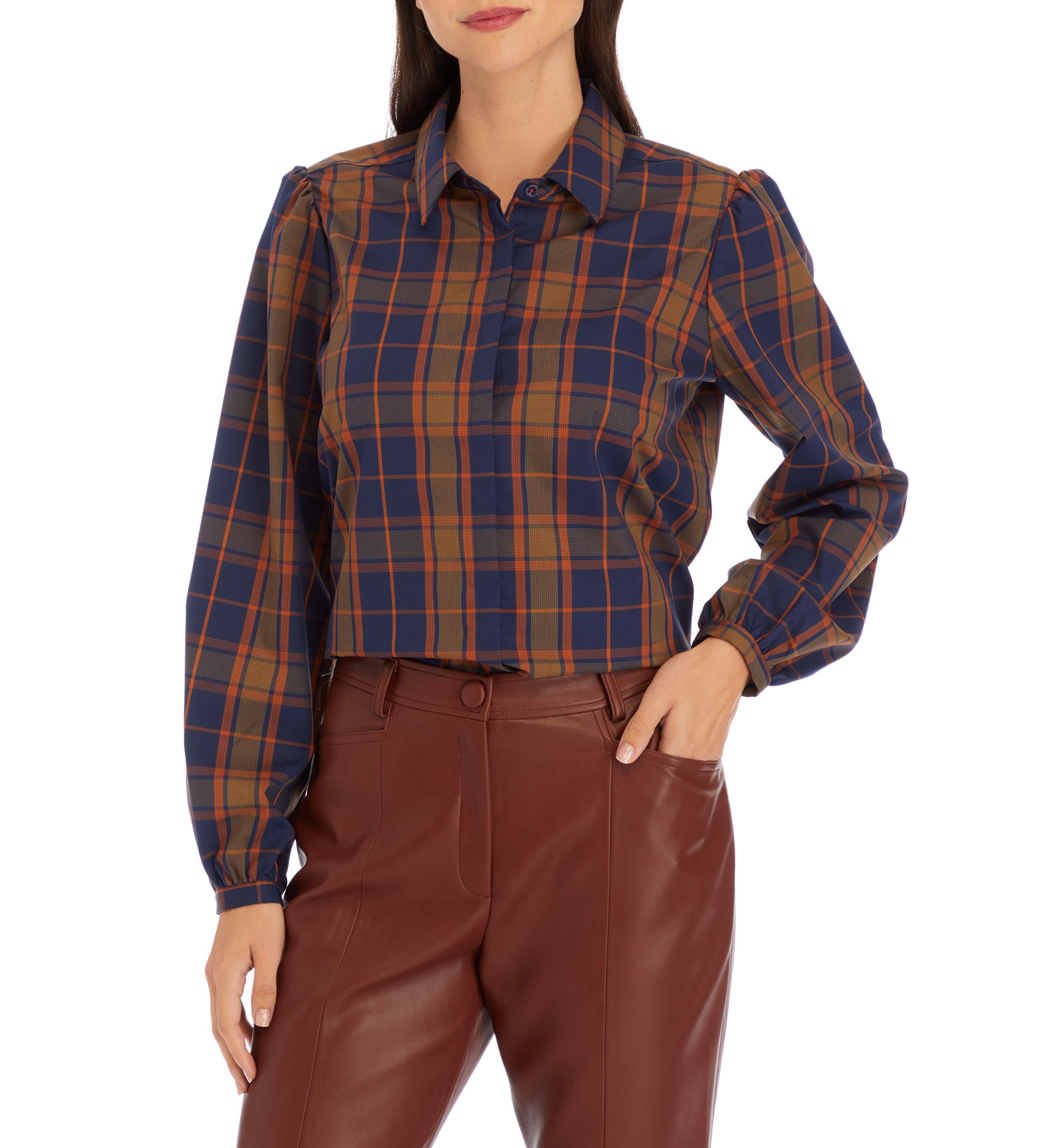 Womens Long Puff Sleeve Button Front Shirt