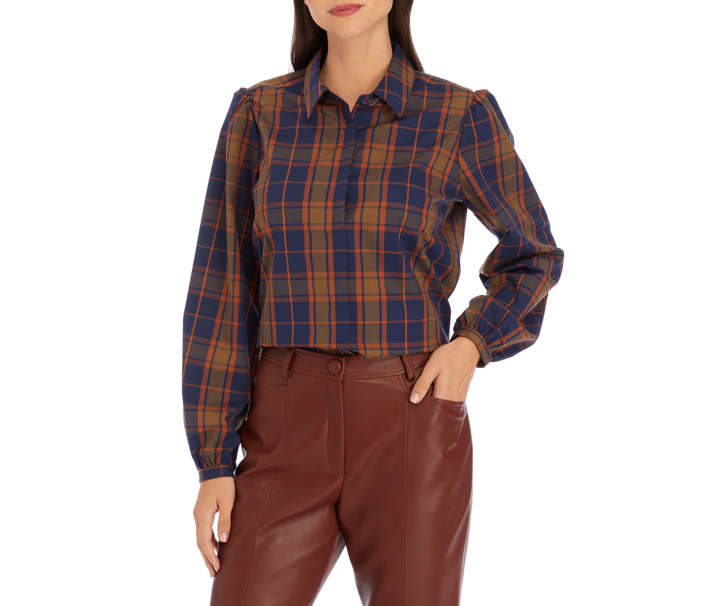 Womens Long Puff Sleeve Button Front Shirt