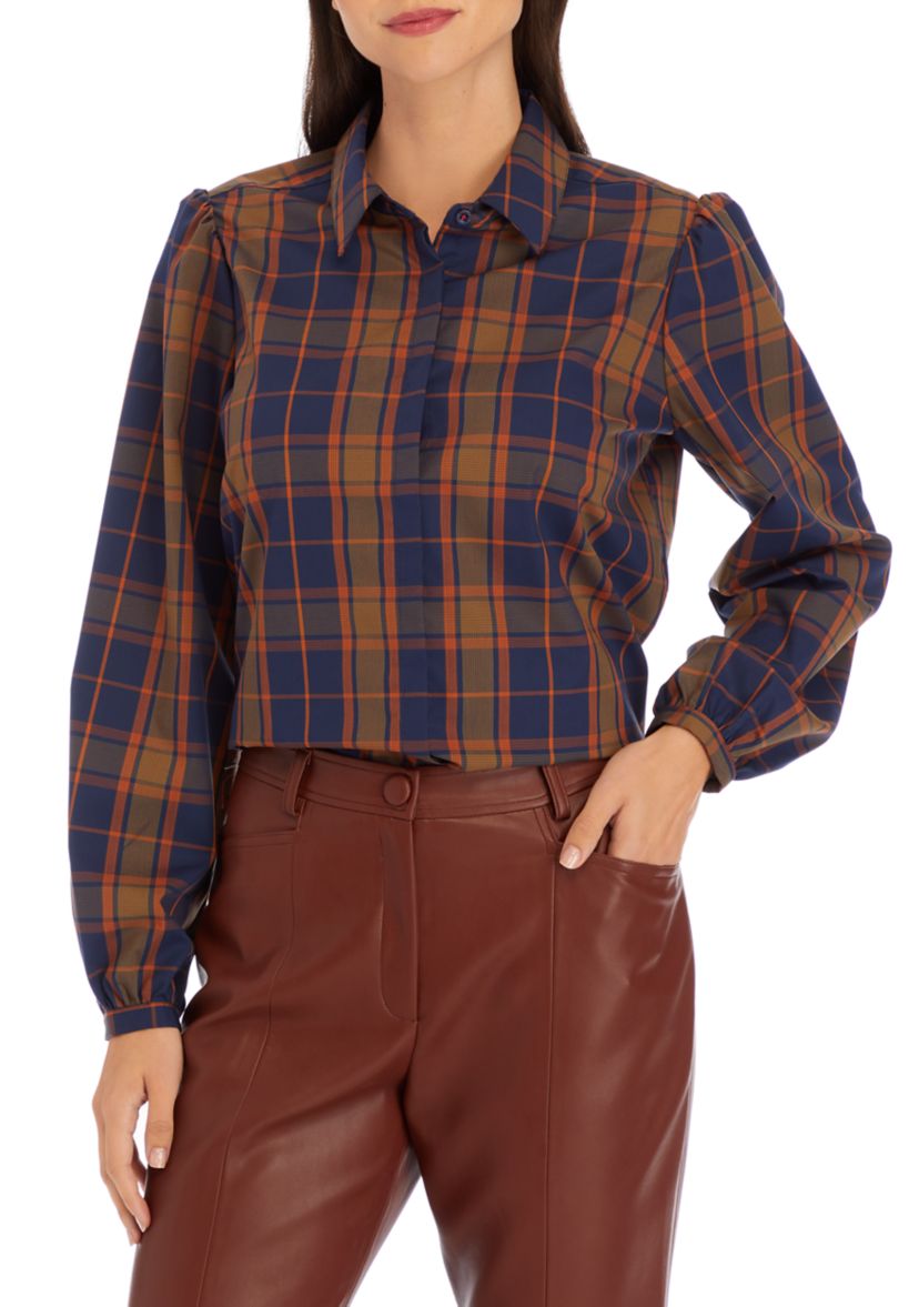 Womens Long Puff Sleeve Button Front Shirt