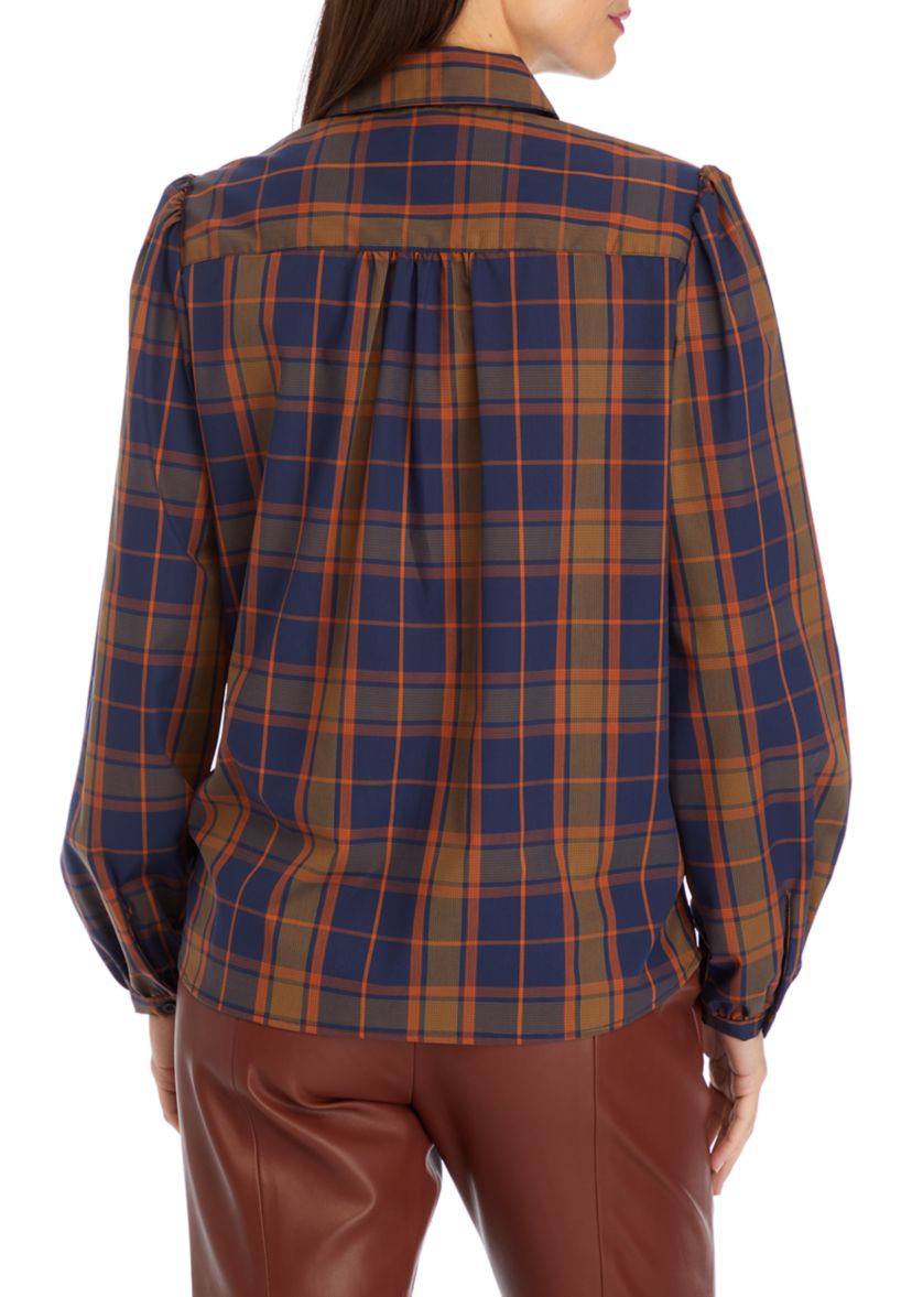 Womens Long Puff Sleeve Button Front Shirt