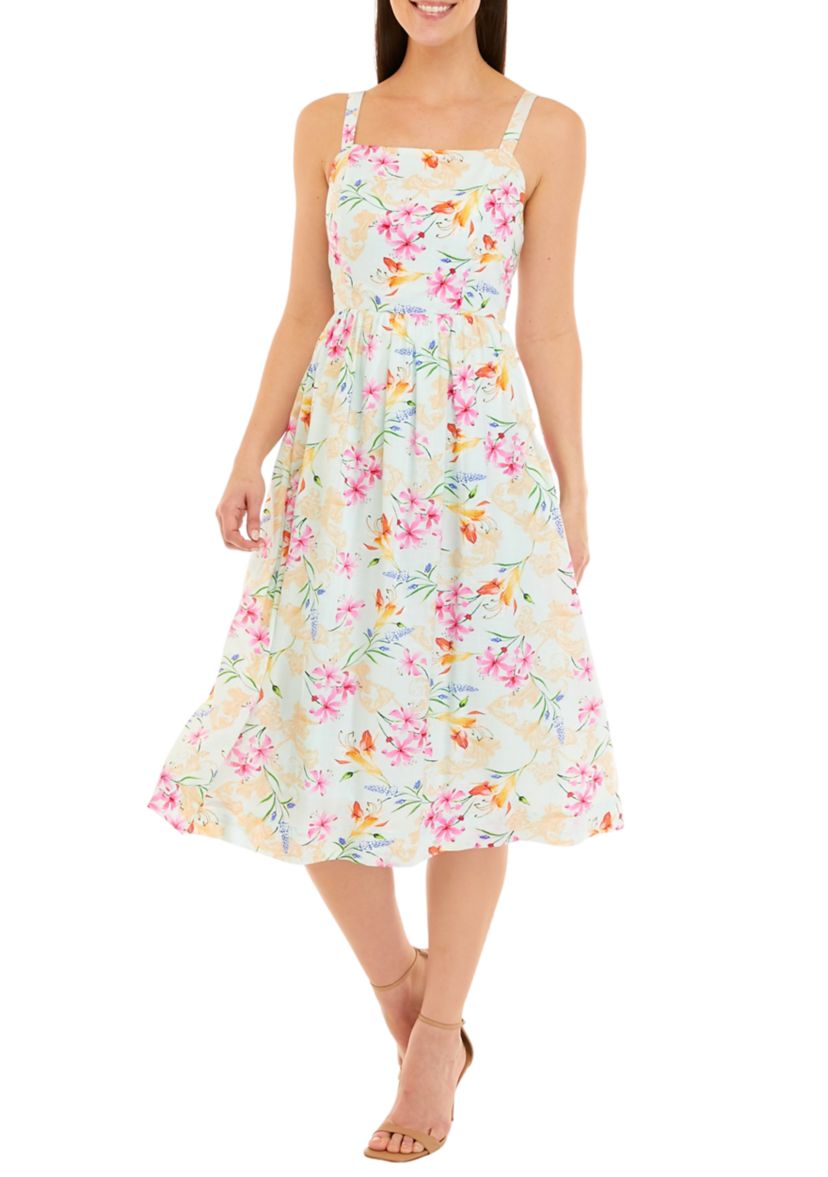 Womens Sleeveless Floral Printed Fit and Flare Dress
