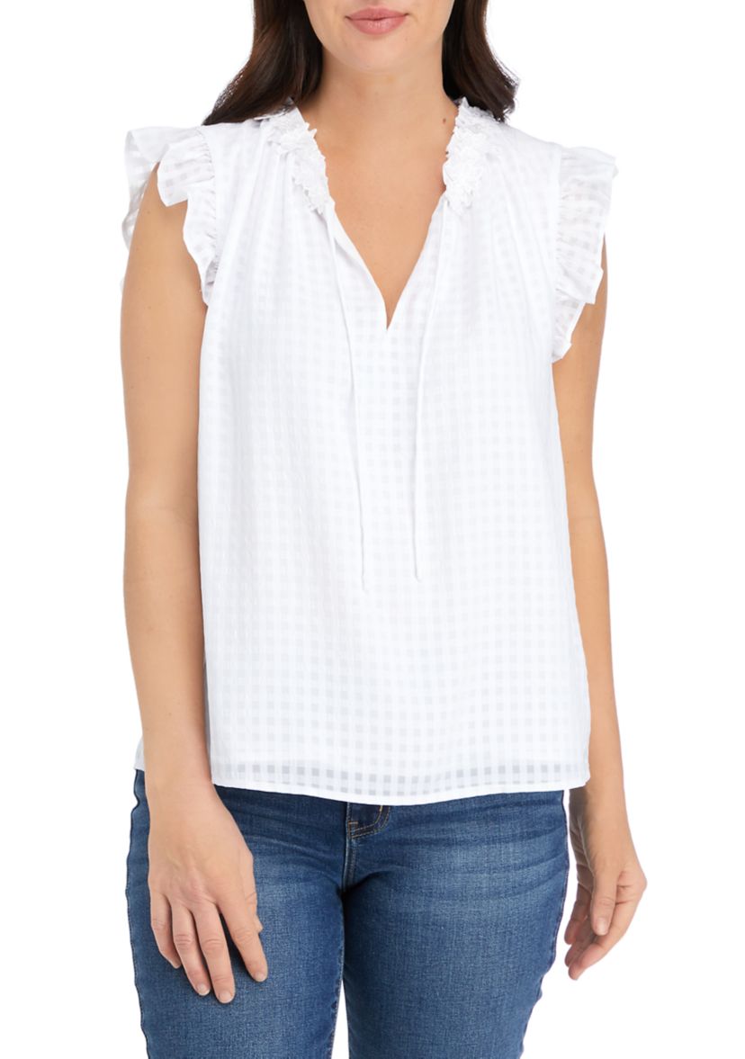 Womens Short Flutter Sleeve Floral Trim Top