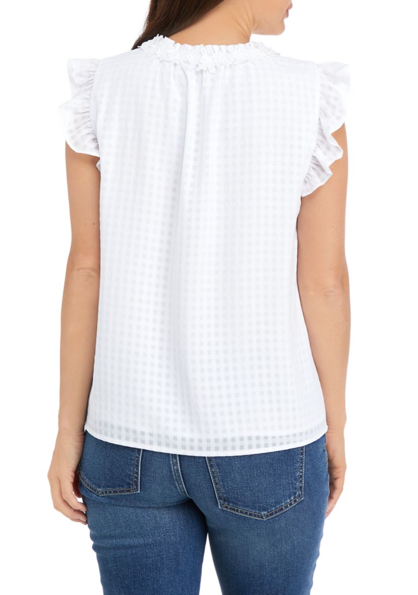 Womens Short Flutter Sleeve Floral Trim Top