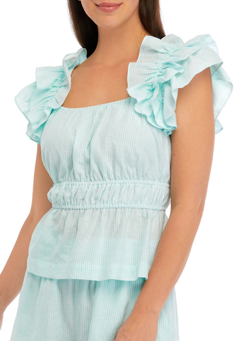 Womens Ruffle Sleeve Striped Peplum Top
