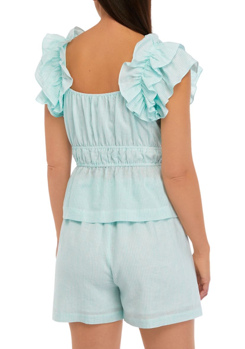 Womens Ruffle Sleeve Striped Peplum Top