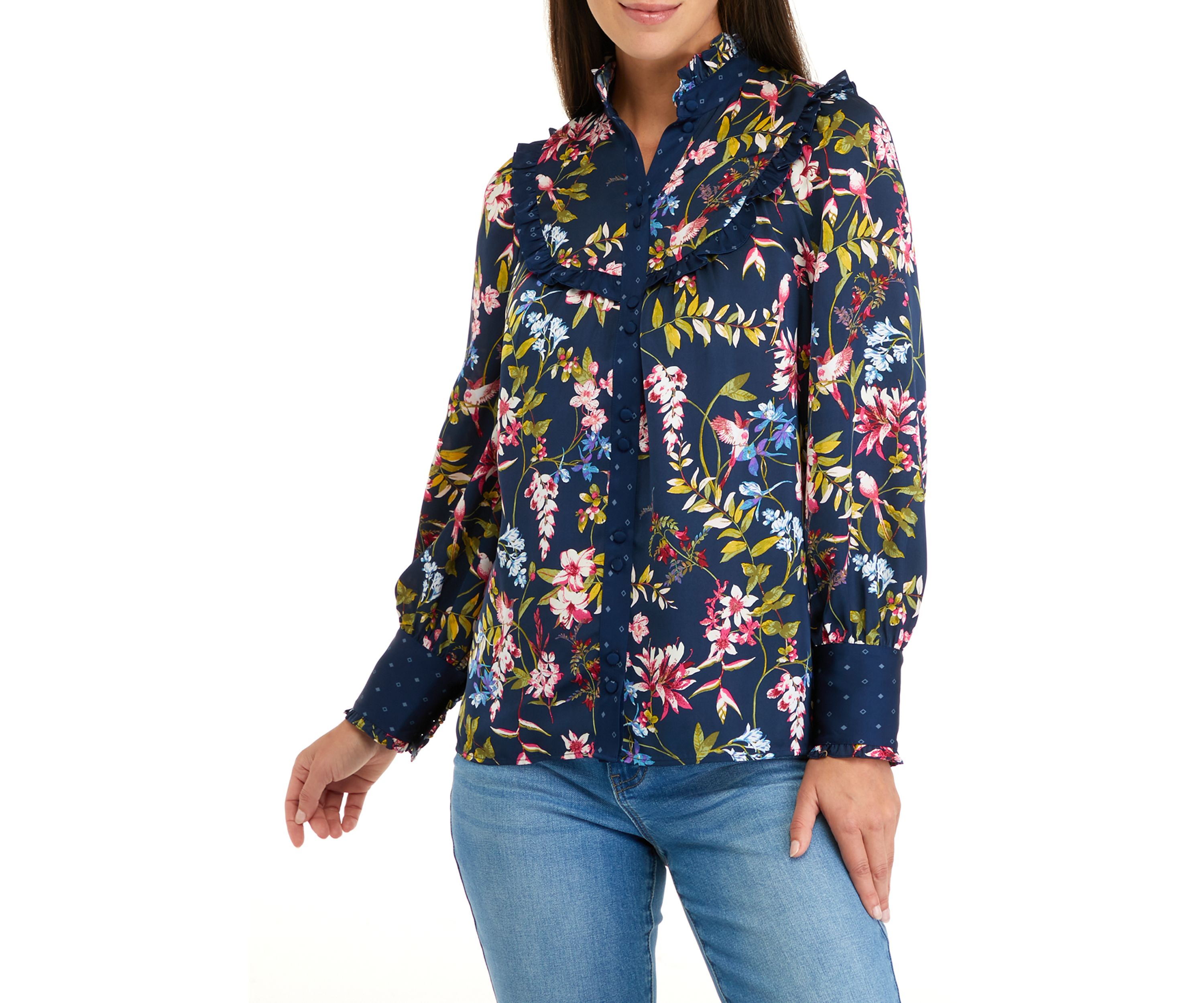 Womens Long Sleeve Ruffle Yoke Blouse