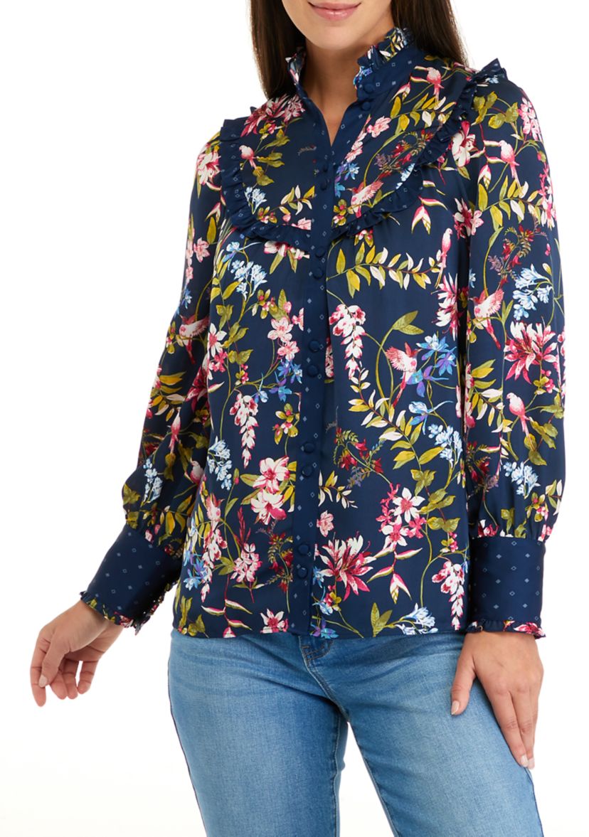 Womens Long Sleeve Ruffle Yoke Blouse