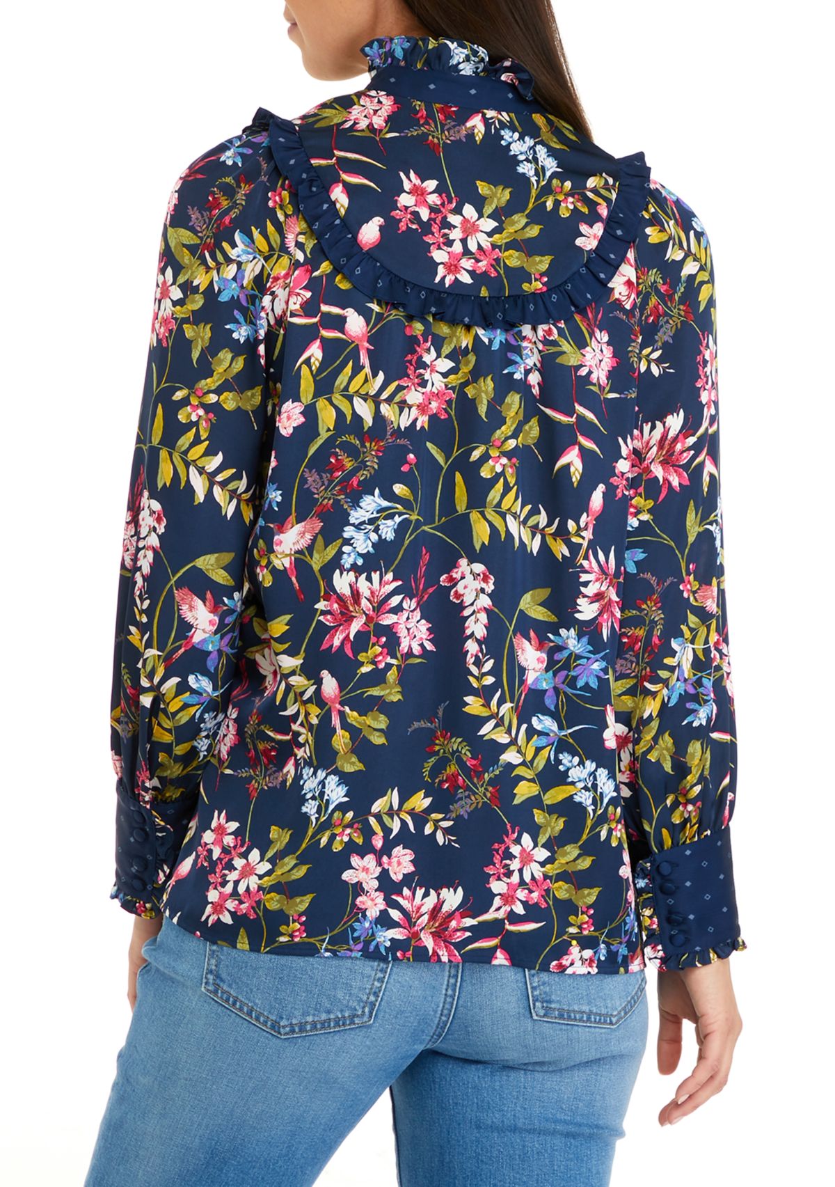 Womens Long Sleeve Ruffle Yoke Blouse