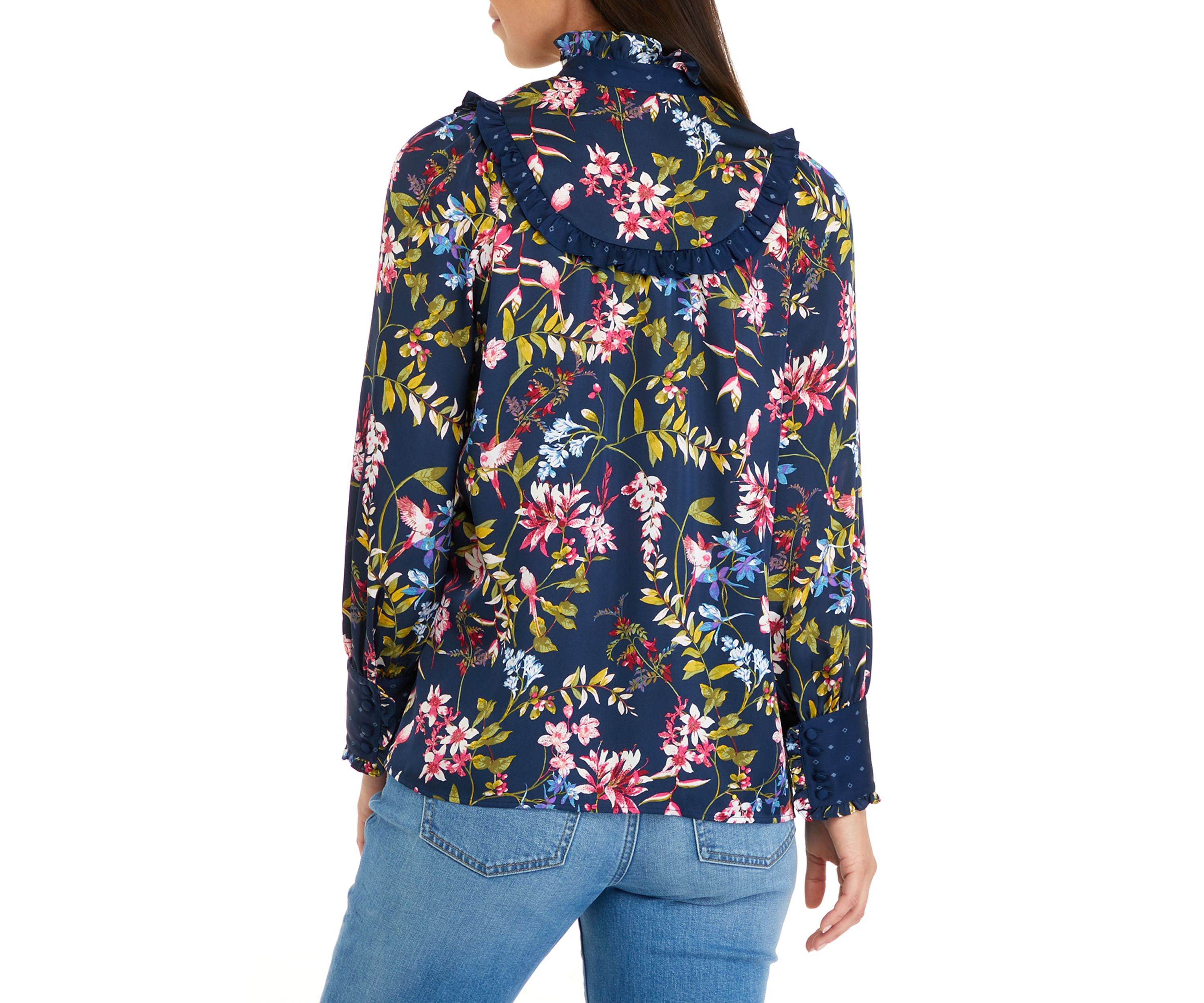 Womens Long Sleeve Ruffle Yoke Blouse