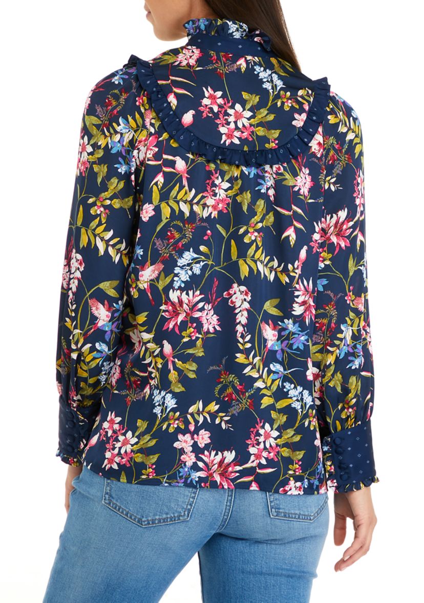 Womens Long Sleeve Ruffle Yoke Blouse