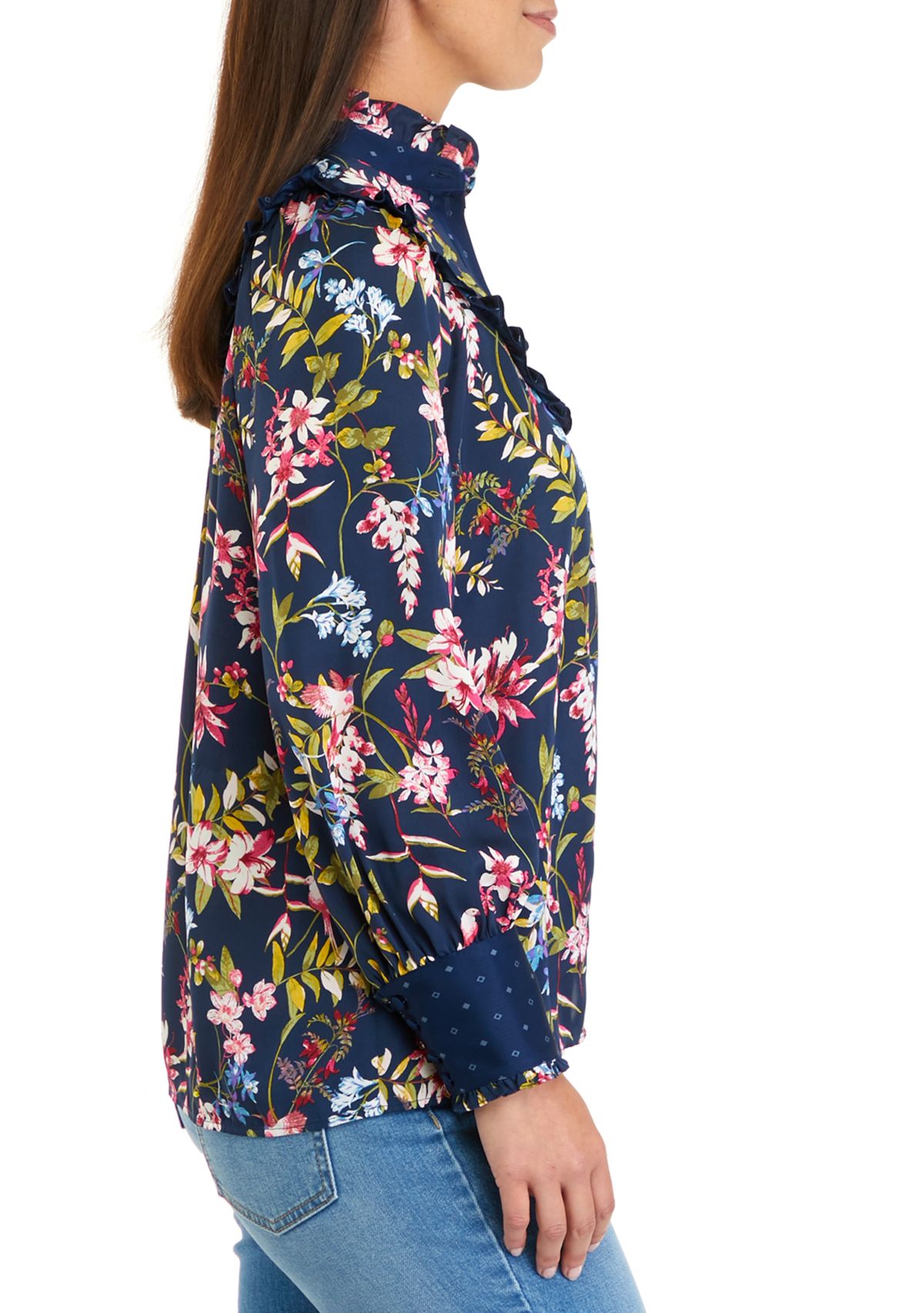 Womens Long Sleeve Ruffle Yoke Blouse