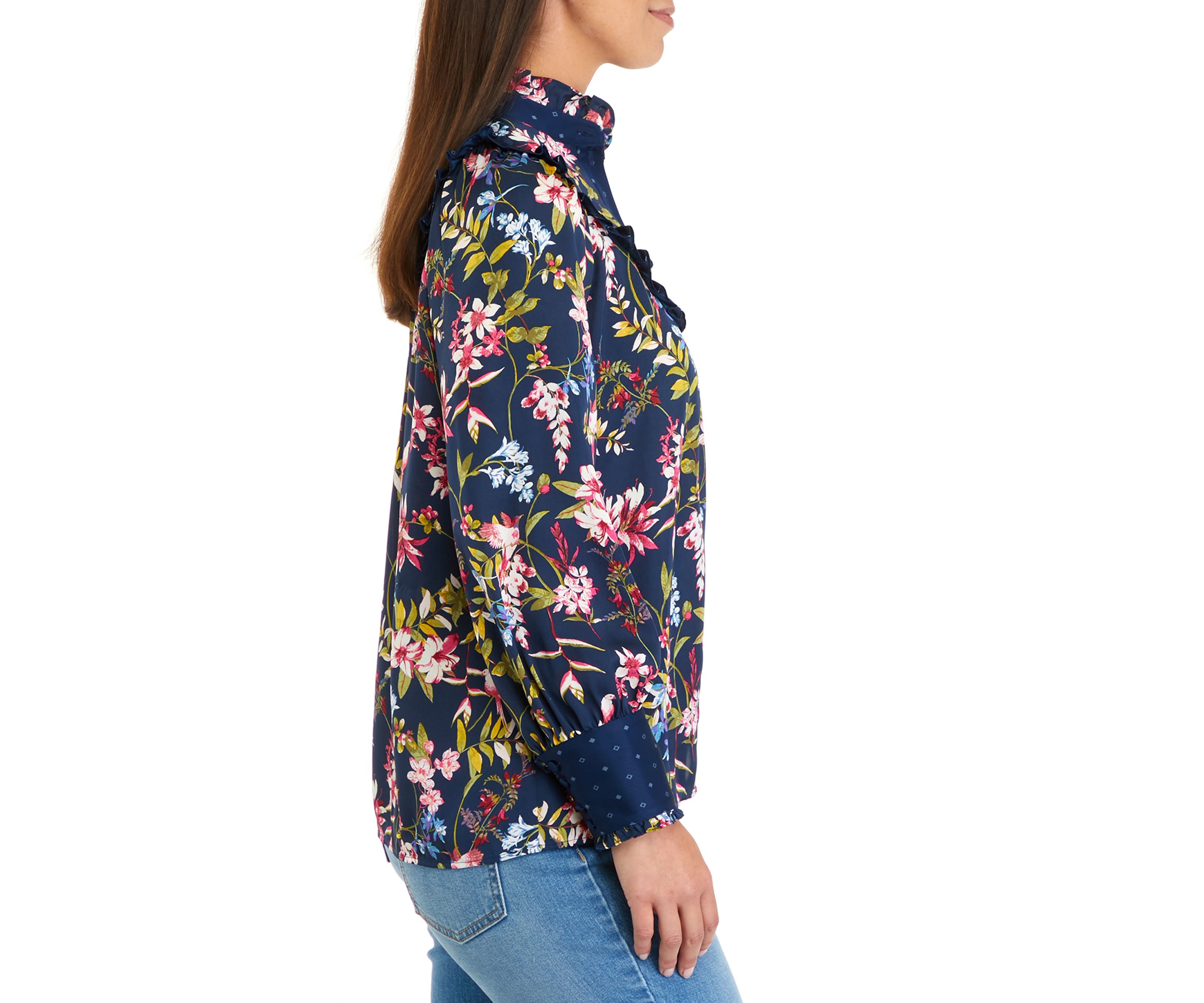 Womens Long Sleeve Ruffle Yoke Blouse