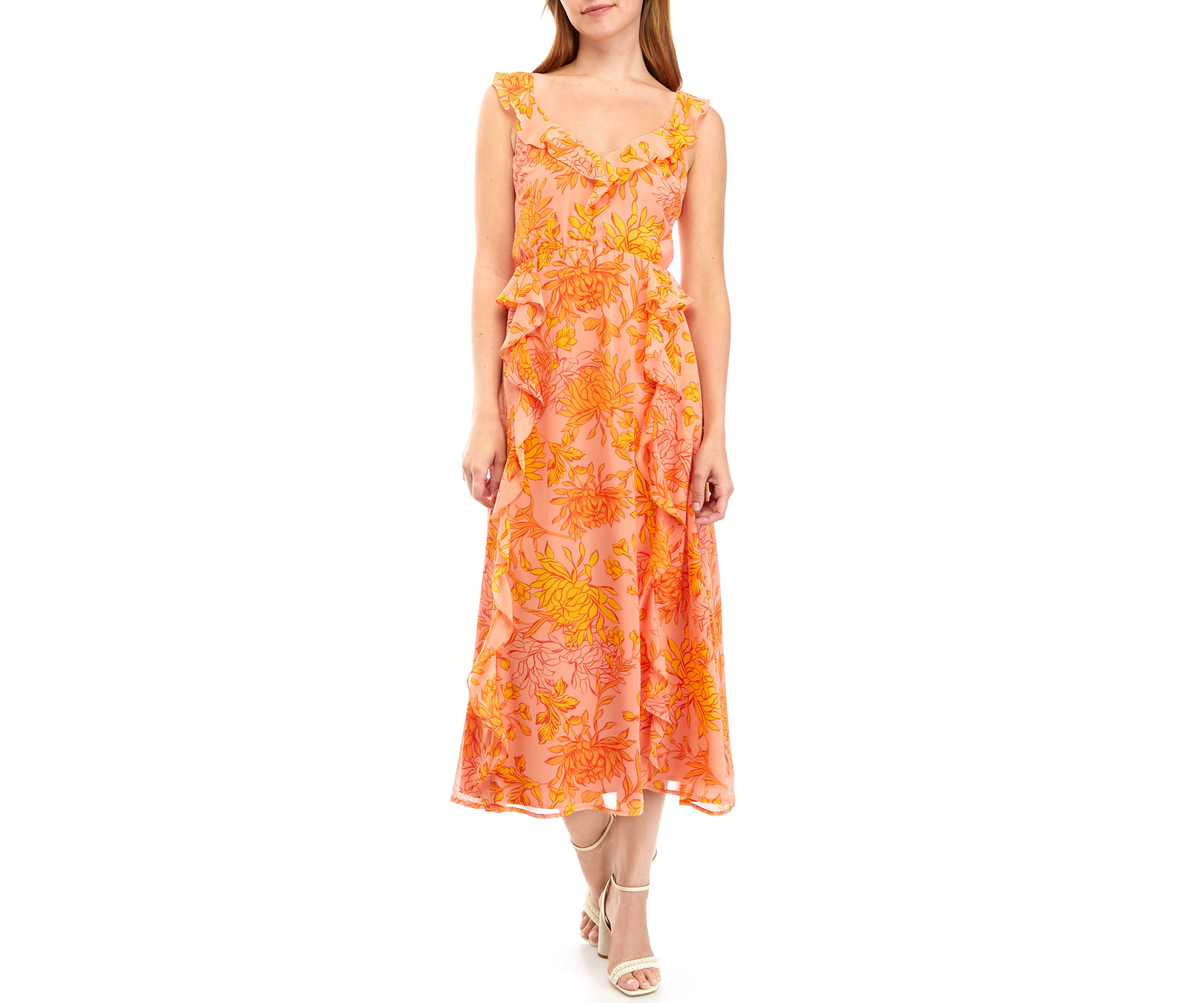Womens Sleeveless Ruffle V-Neck Floral Midi Dress