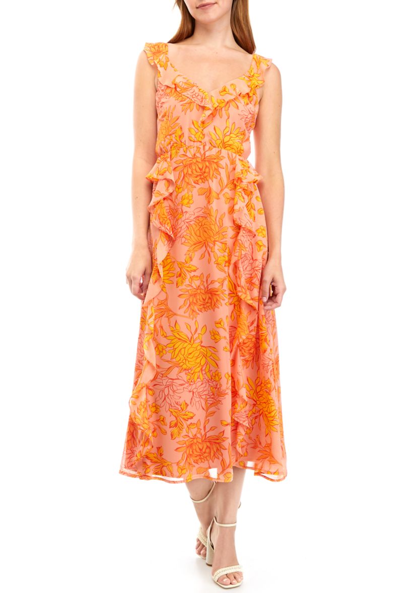 Womens Sleeveless Ruffle V-Neck Floral Midi Dress
