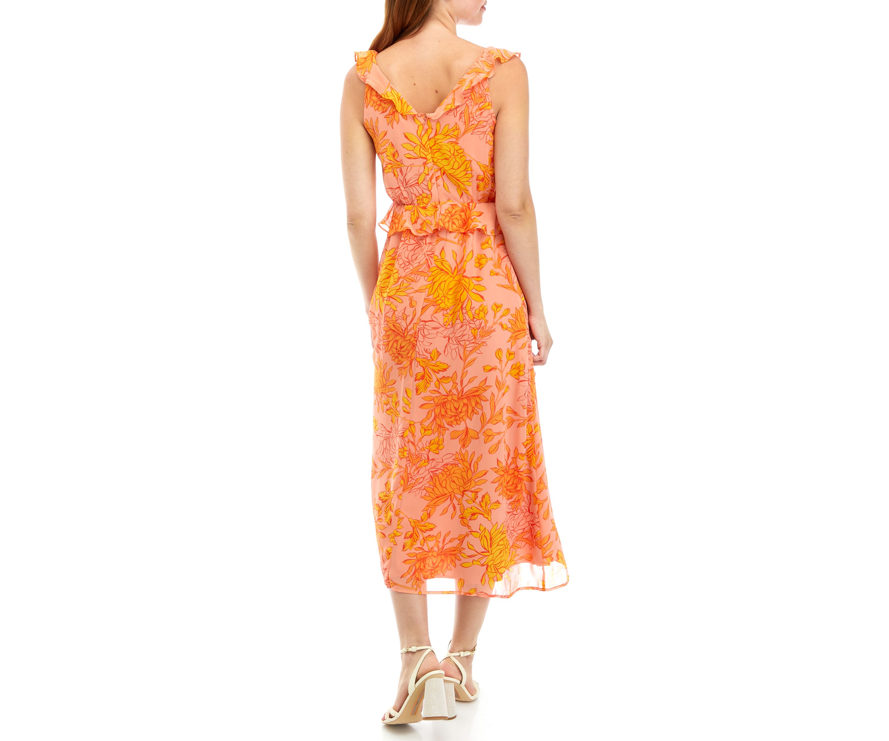 Womens Sleeveless Ruffle V-Neck Floral Midi Dress