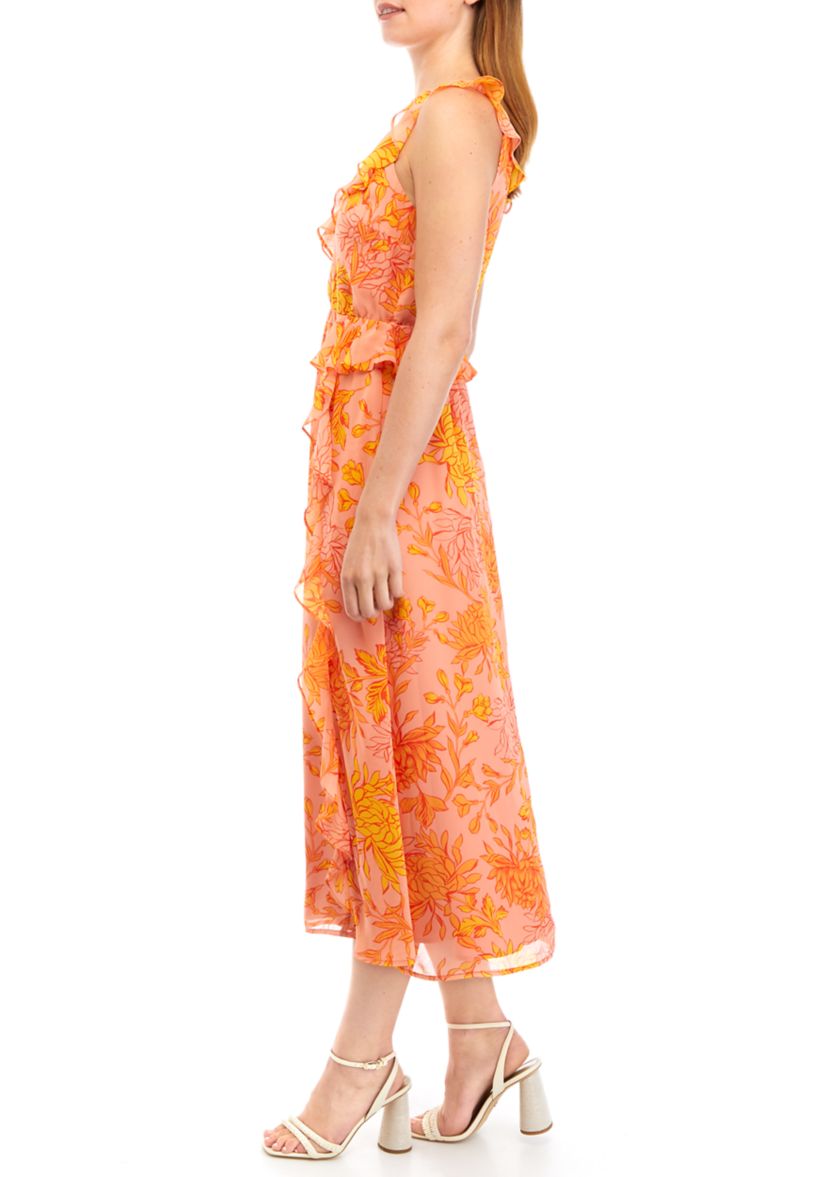 Womens Sleeveless Ruffle V-Neck Floral Midi Dress