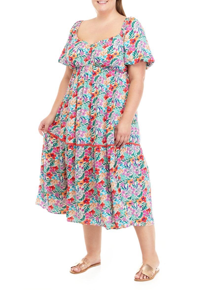 Plus Size Puff Sleeve Floral Midi Dress